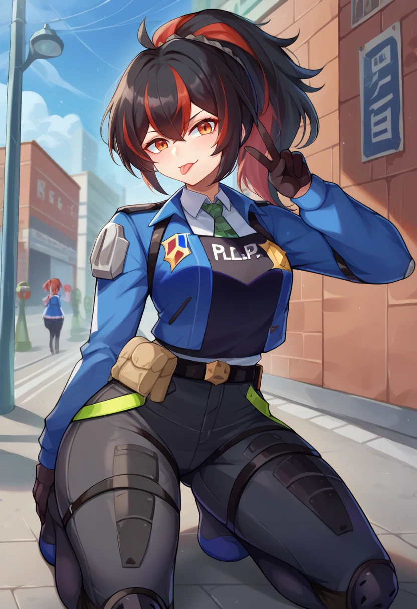 score_9,score_8_up,score_7_up BREAK <lora:zhuyuan:0.8>,zhuyuan,1girl,orange eyes,shirt,black hair,ponytail,red hair,necktie,black gloves,white shirt,collared shirt,belt,pants,streaked hair,black pants,blue jacket,black vest,police uniform,knee pads,long sleeves,street,street background,cowboy shot,kneeling,v,tongue out,