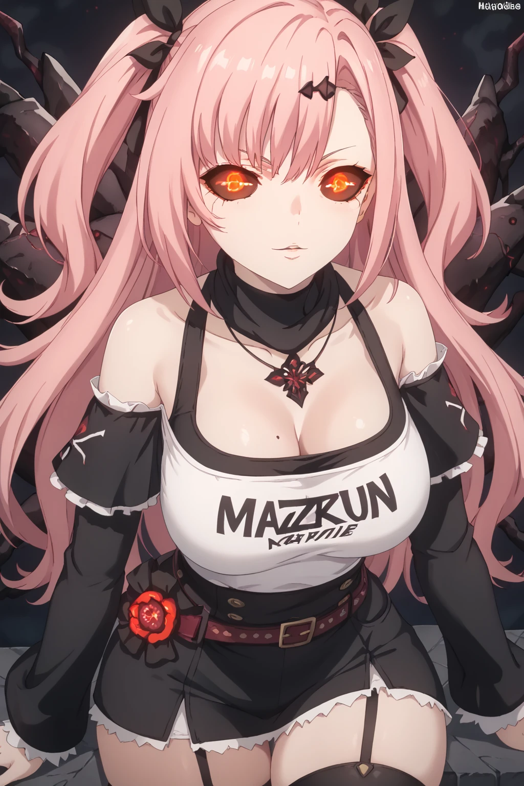 score_9, score_8_up, score_7_up, source_anime, best quality, masterpiece, 1girl,  KJOnicole, two side up, pink hair, yellow eyes, long hair, thick thighs, curvy, hair ornament, mole on breast, looking at viewer, ghoul eyes, red eyes, glowing, colored sclera, black sclera, glowing eyes, dark background <lora:ghoul_eyes:1>   <lora:Nicole_Demara_ZZZ_V1:1>