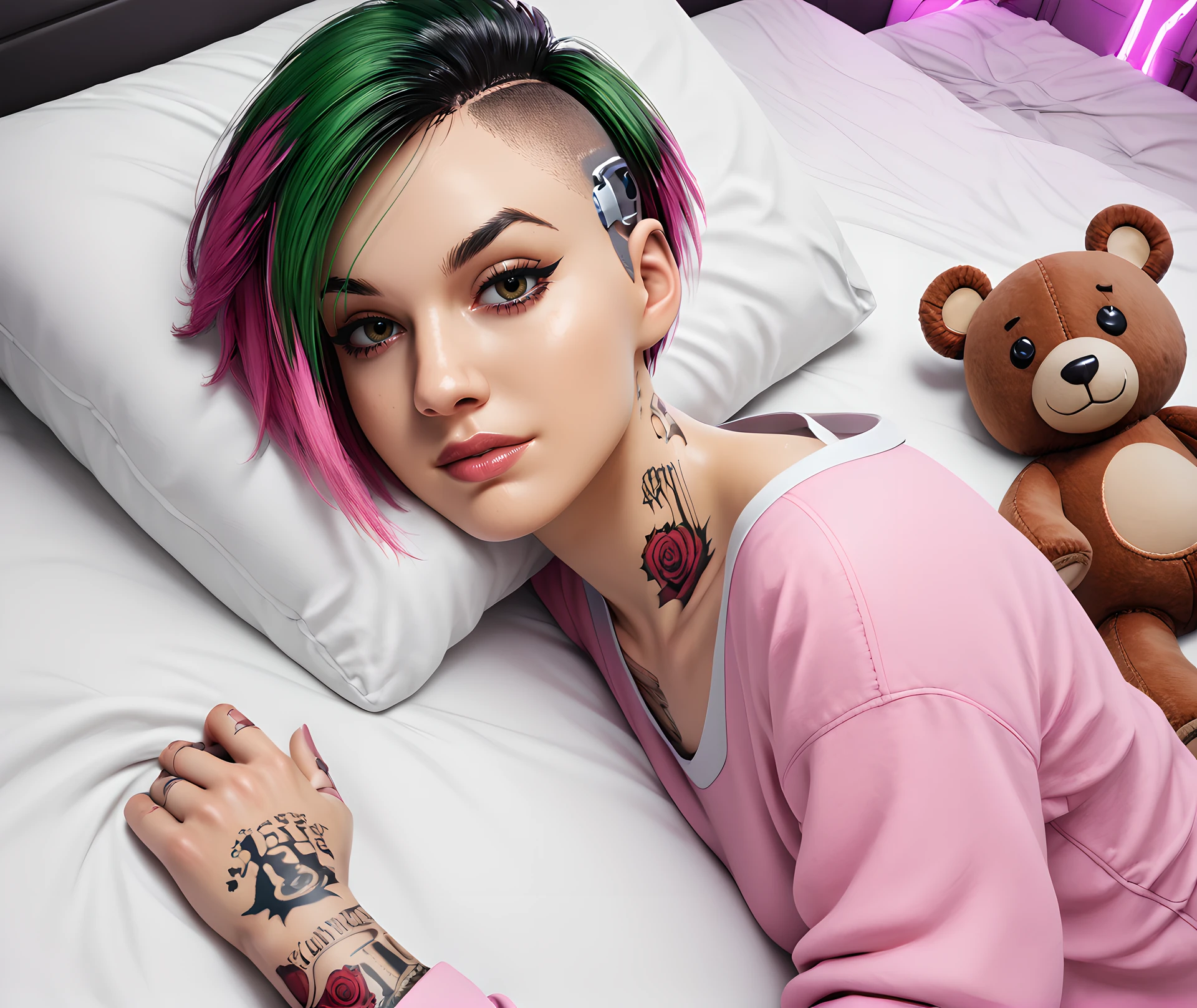 judy alvarez, 1girl, solo, tattoo, short hair, multicolored hair, green hair, looking at viewer, realistic, undercut, pink hair, two-tone hair, makeup, asymmetrical hair, eye makeup, brown eyes, <lora:Judy_Álvarez_-_Cyberpunk_2077:0.85>
BREAK
level_9, level_8_up, level_7_up, level_6_up, level_5_up, source_cartoon, masterpiece 
BREAK
indoor, in the bed, sleepwear, comfy pajamas, baggy sleepwear, teddy bear, cute, neon lights, bedsheets, pillow, posing