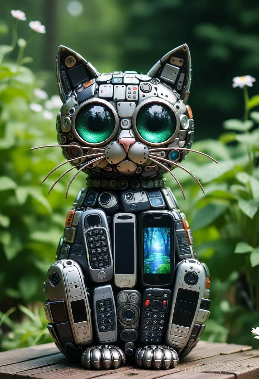 C3LLPH0N3S, a cat made of cell phones,  set in a garden, home, ,Masterpiece,best quality, raw photo, realistic, very aesthetic