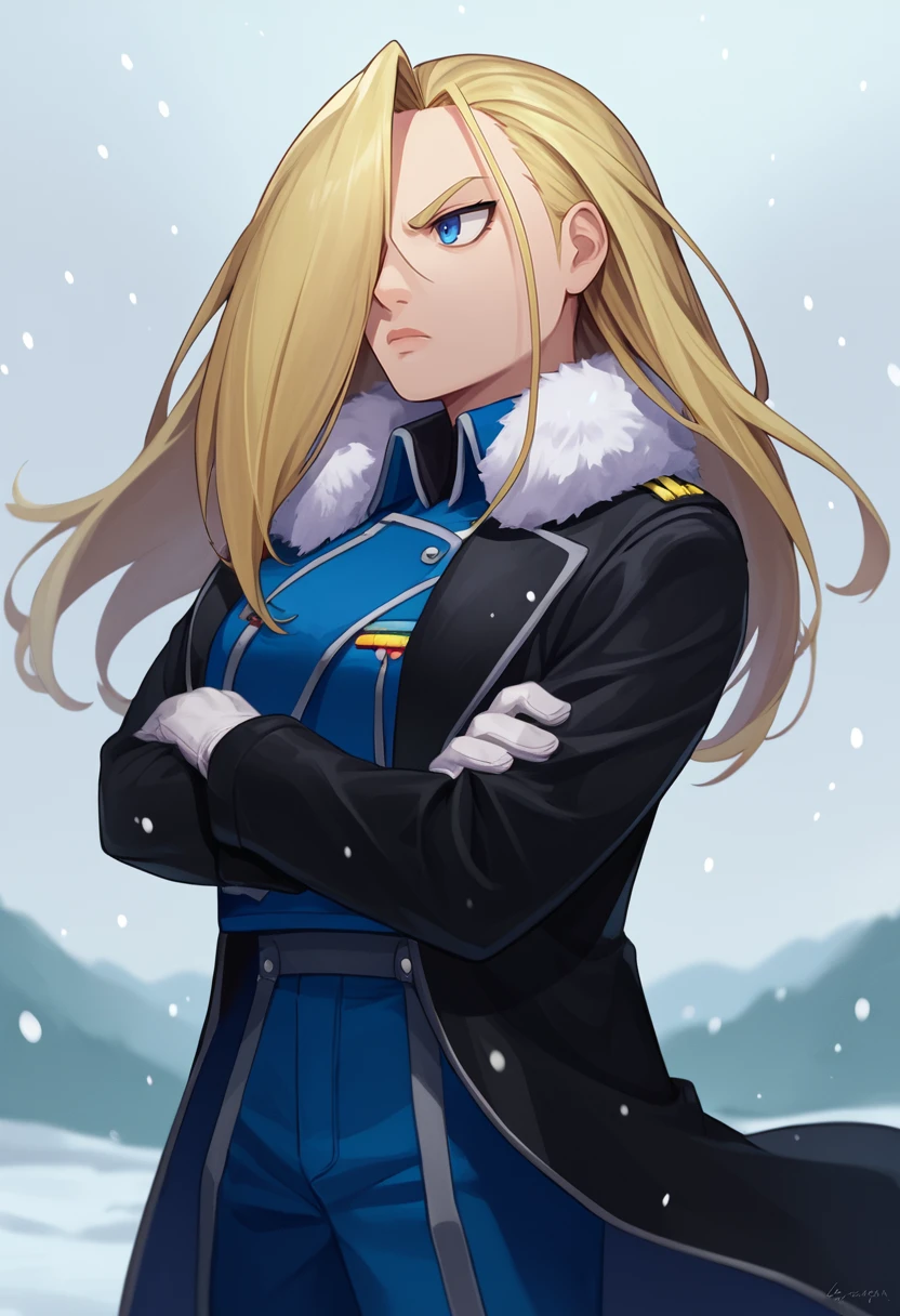 score_9, score_8_up, score_7_up, source_anime, solo, 1girl, olivier armstrong, expressionless, looking away, standing, crossed arms, hair over one eye, amestris military uniform, fur trim, black coat, fur-trimmed coat, open coat, long sleeves, blue jacket, white gloves, blue pants, snowing, outdoors <lora:fma_olivierarmstrong_ponyXL:1>