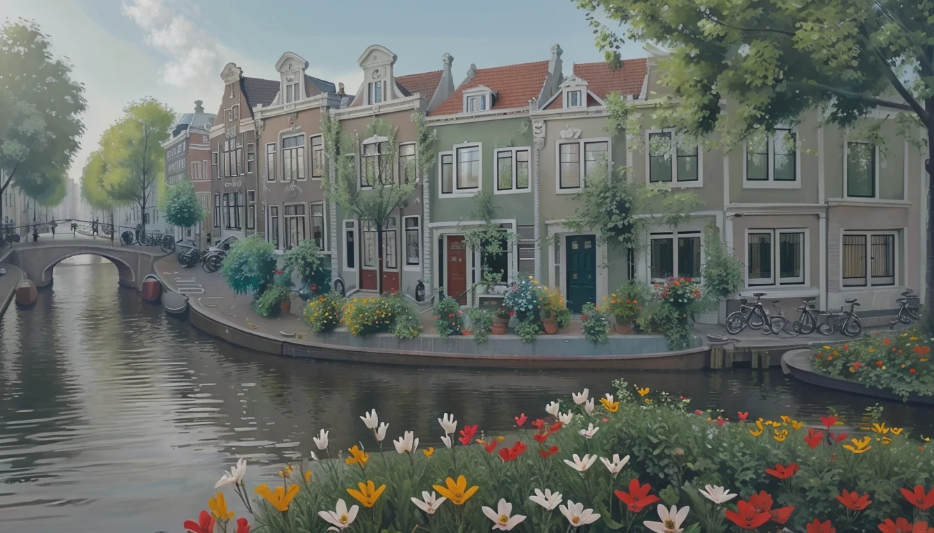 landscape, photography, Amsterdam canal house, flower, bicycle, city, daylight, epic, cinematic, river, ornate, realistic yfogel
