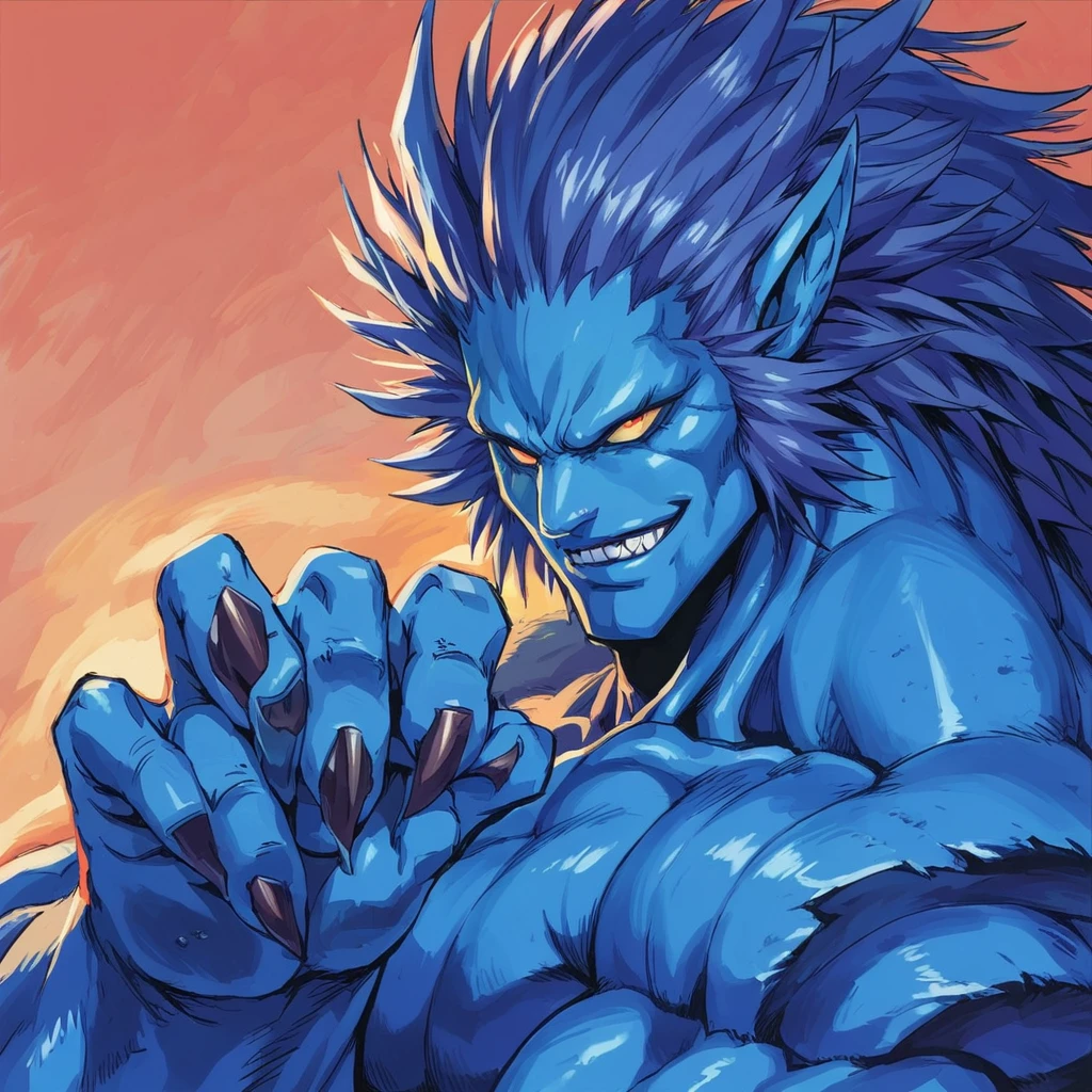 score_9, score_8_up,  <lora:yusukemuratastyle:1>,  <lora:Beast_X-men:0.5>, blue skin, beast, portrait