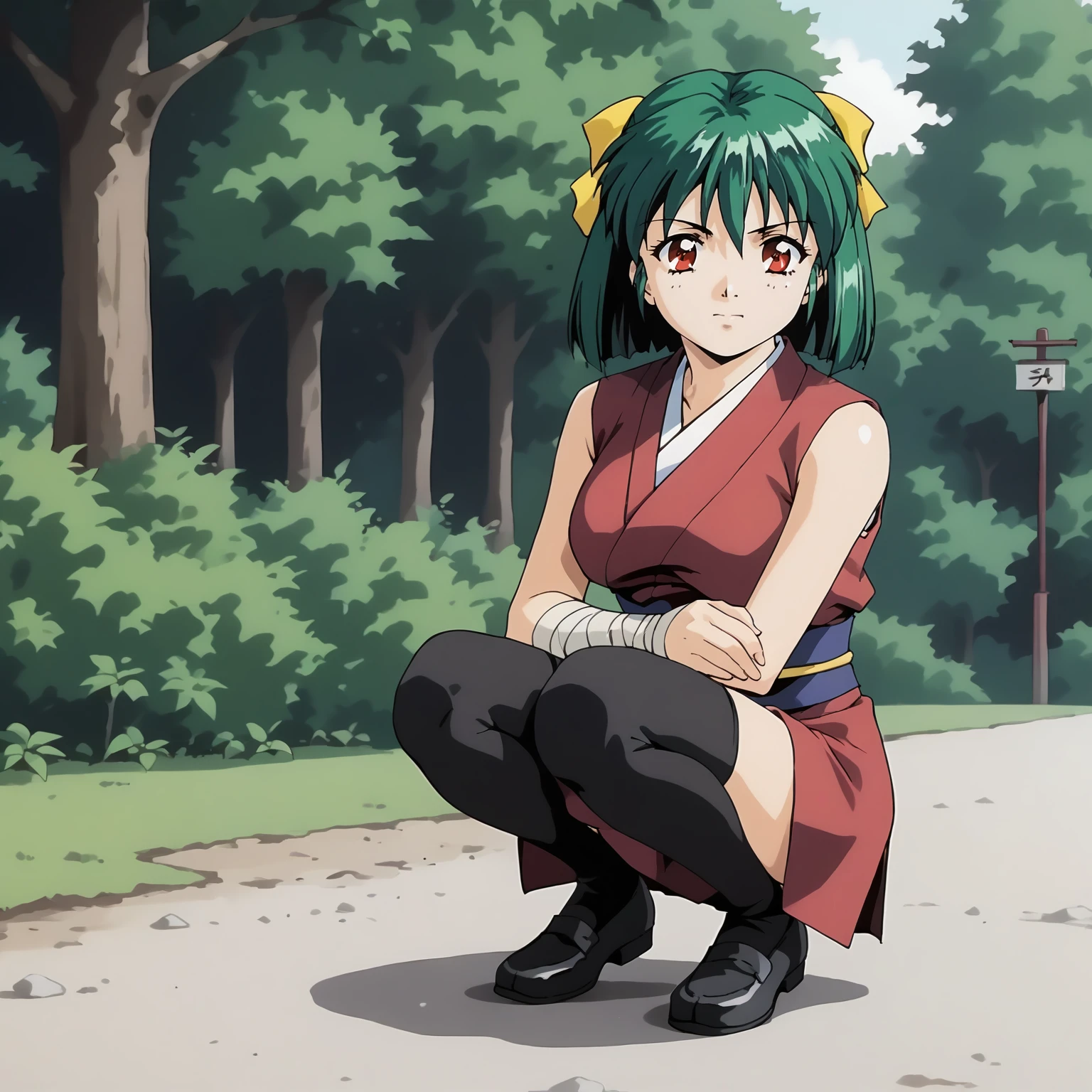 <lora:YakuXLpony003>,
solo,
Yaku,1girl,green_hair,short_hair,half updo,hair_ribbon,red_eyes,
short_kimono,sleeveless,
arm_bandages,
black thighhighs,black shoes,
full body,squatting,
outdoors,