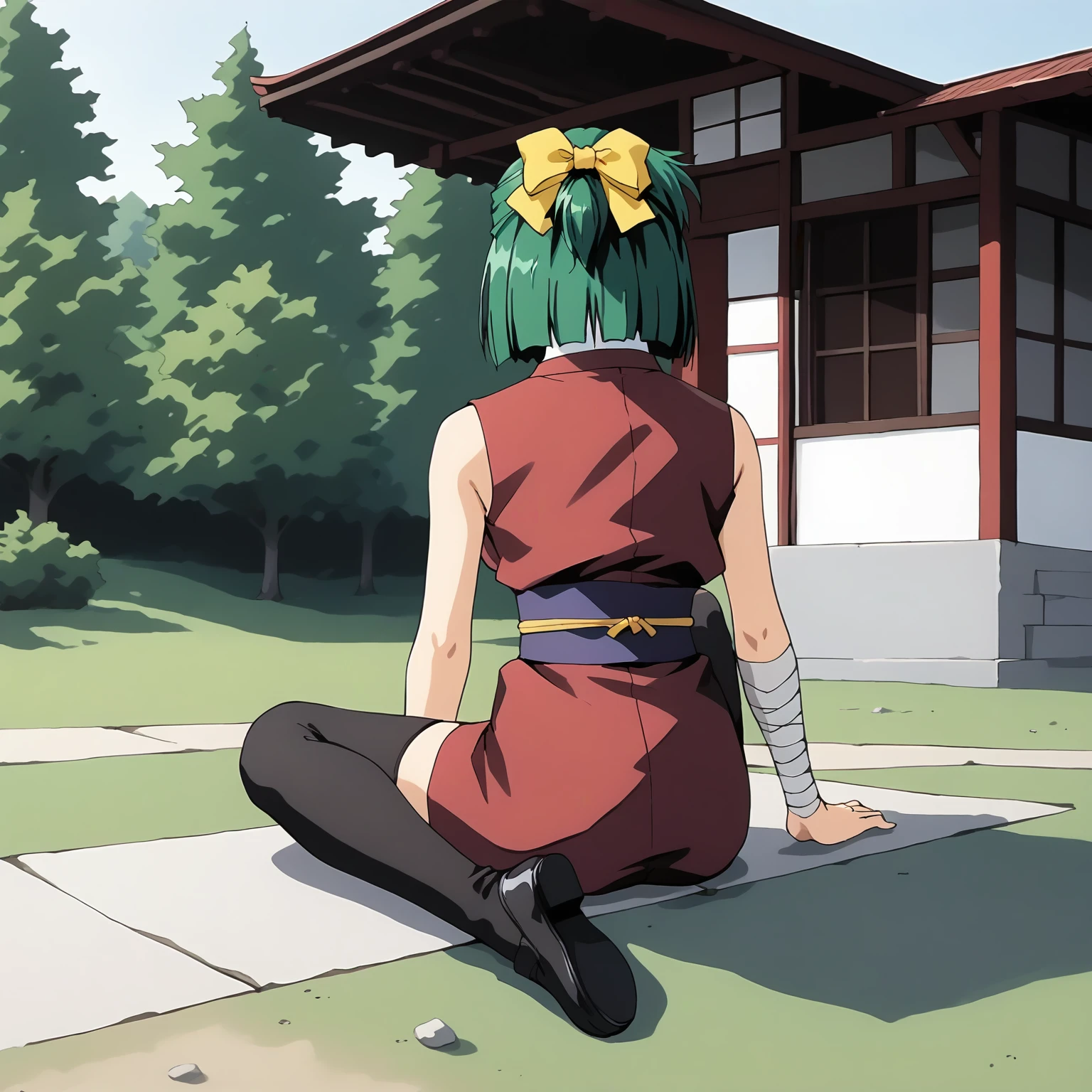 <lora:YakuXLpony003>,
solo,
Yaku,1girl,green_hair,short_hair,half updo,hair_ribbon,red_eyes,
short_kimono,sleeveless,
arm_bandages,
black thighhighs,black shoes,
full body,sitting,looking back,
outdoors,