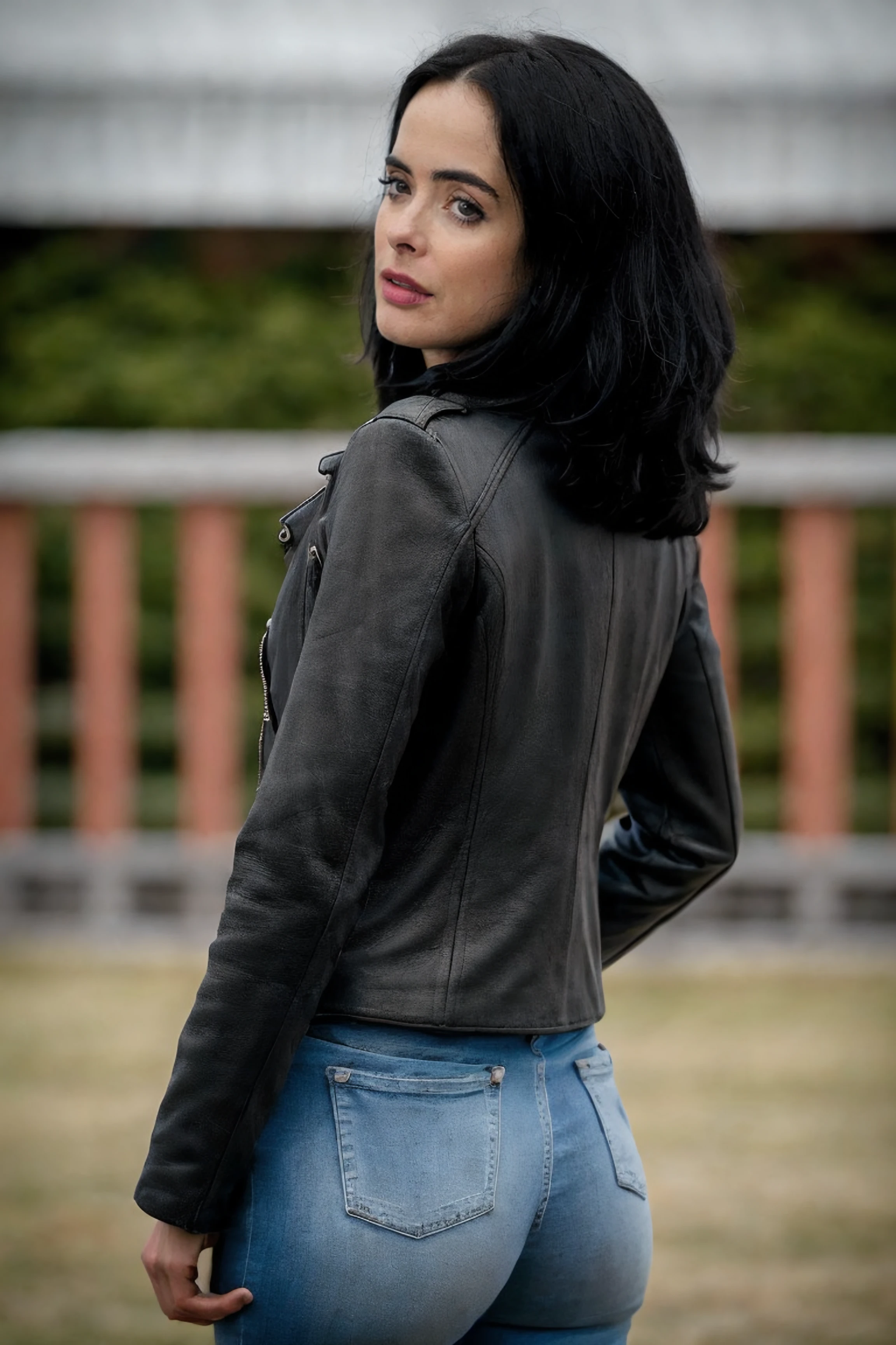 1girl, a woman in a black leather jacket and tight jeans posing for a picture, from behind, looking back, (depth of field), detailed face, (photorealistic, absurdres, best quality, masterpiece:1.4), (high detailed skin:1.3)
 <lora:krysten_ritter_lora_v01:1> ritter81, black hair, brown eyes