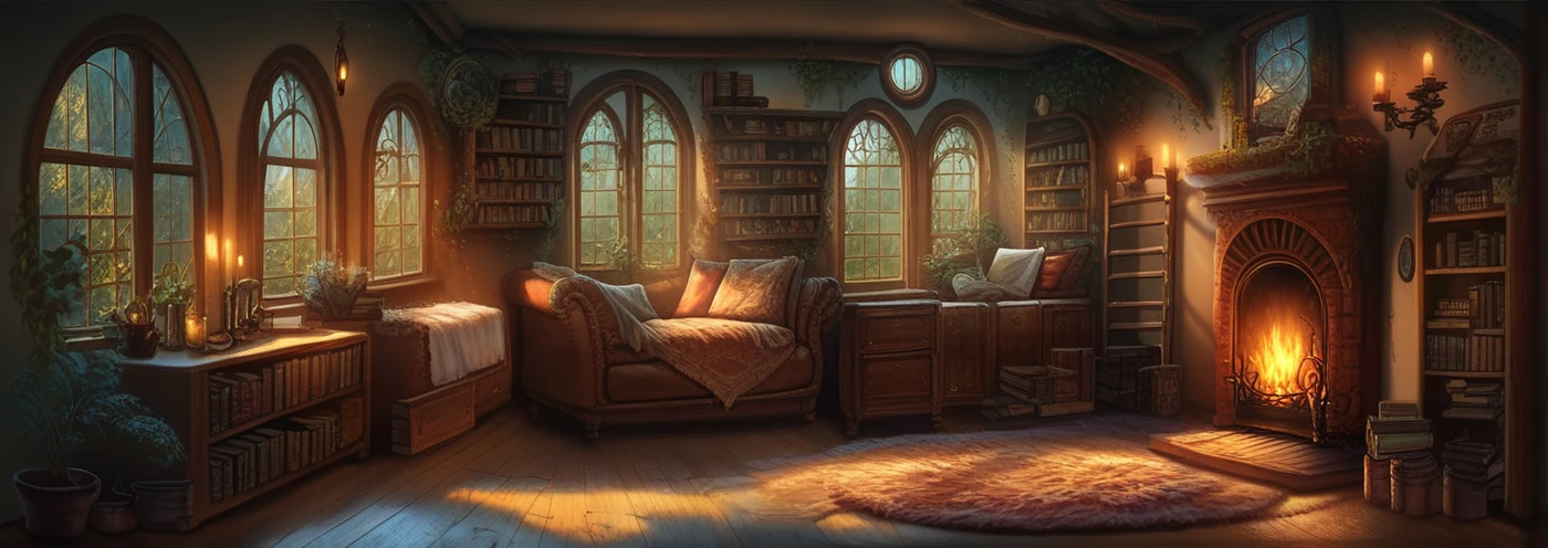 score_9, score_8_up, score_7_up,     realistic lighting, detailed background, sun rays,
 <lora:Cozy_Fantasy:1>,
cozy fantasy, room interior, fireplace, round window, candles, day,bookshelves, wild plants, fur rug, wines, window center, moss,