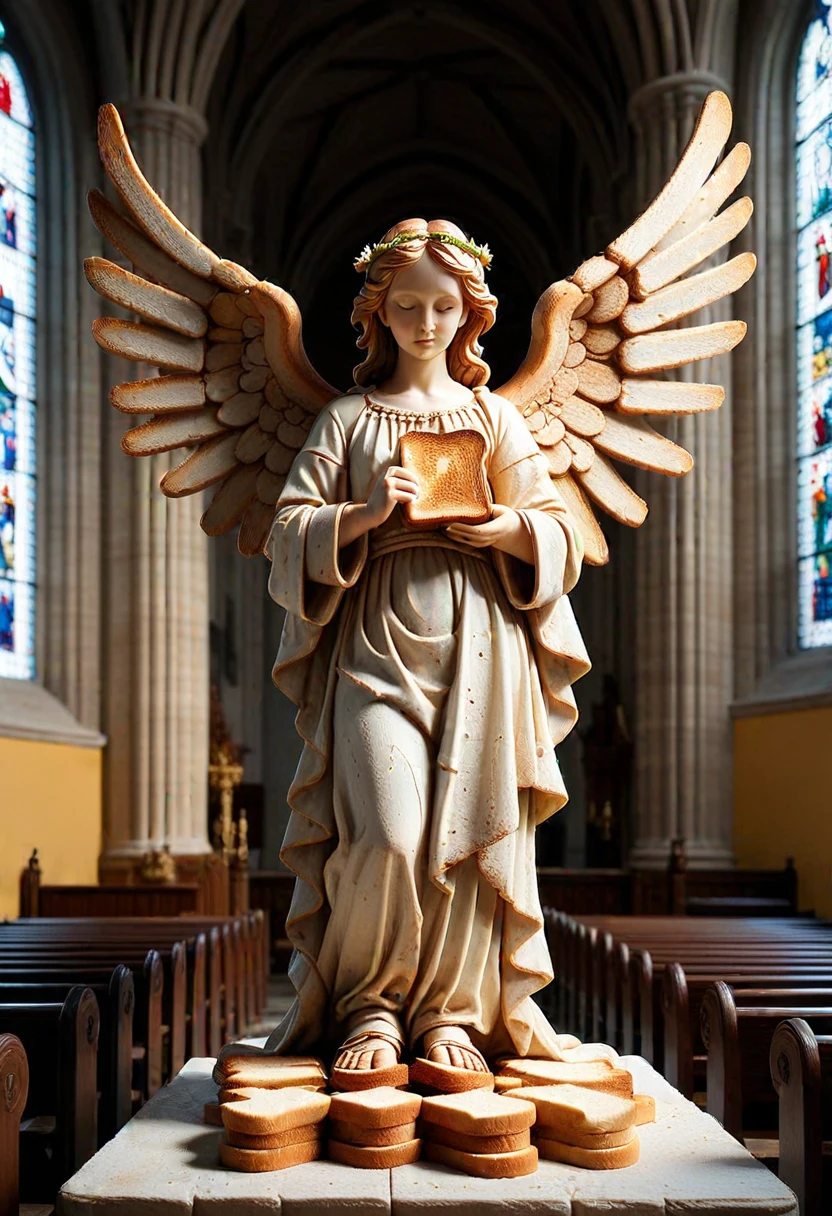 T04STS, a angel statue made of toasts, set in a church, ,Masterpiece,best quality, raw photo, realistic, very aesthetic