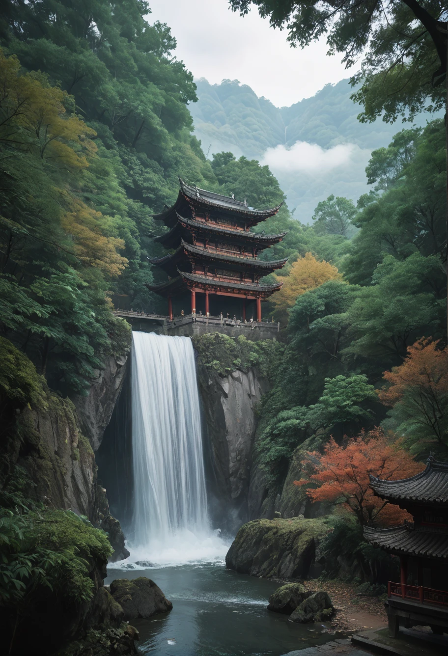 ,ruanyi0824,outdoors,forest,waterfall,east asian architecture,<lora:0824 building in forest_v1_pony:1>, score_9,score_8_up,score_7_up,,8k,1girl,solo,,