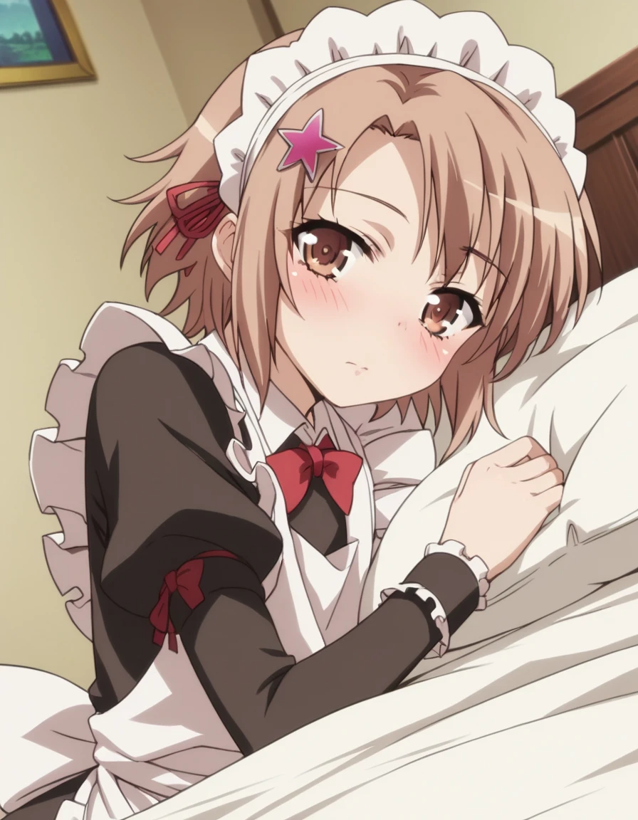 score_9, score_8_up, score_7_up, source_anime, <lora:yukimura-kusunoki-s2-ponyxl-lora-nochekaiser:1>, yukimura kusunoki, short hair, brown hair, hair ornament, ribbon, brown eyes, hair ribbon, star (symbol), star hair ornament,, bow, pantyhose, apron, maid, maid headdress, white pantyhose,, indoors, bed, bed room, on side, blush, drunk, looking at viewer, solo,, cowboy shot, dutch angle