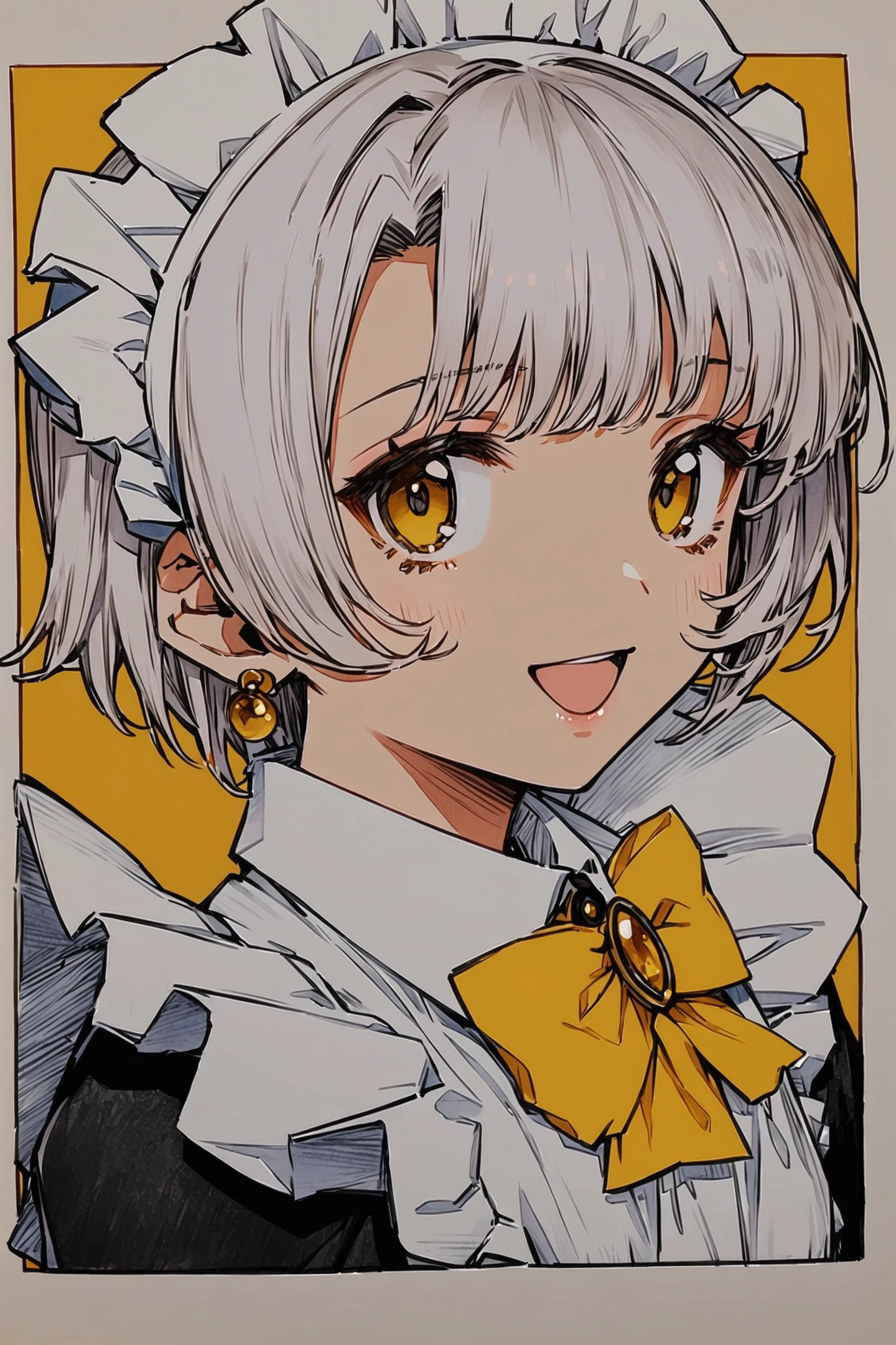 1girl,solo,yellow eyes,bow,yellow bow,jewelry,earrings,open mouth,traditional media,maid headdress,upper body,bowtie,white hair,yellow bowtie,short hair,apron,looking at viewer,maid,smile,bangs,dress,yellow background,
<lora:kitamurashu_XL:0.8>,