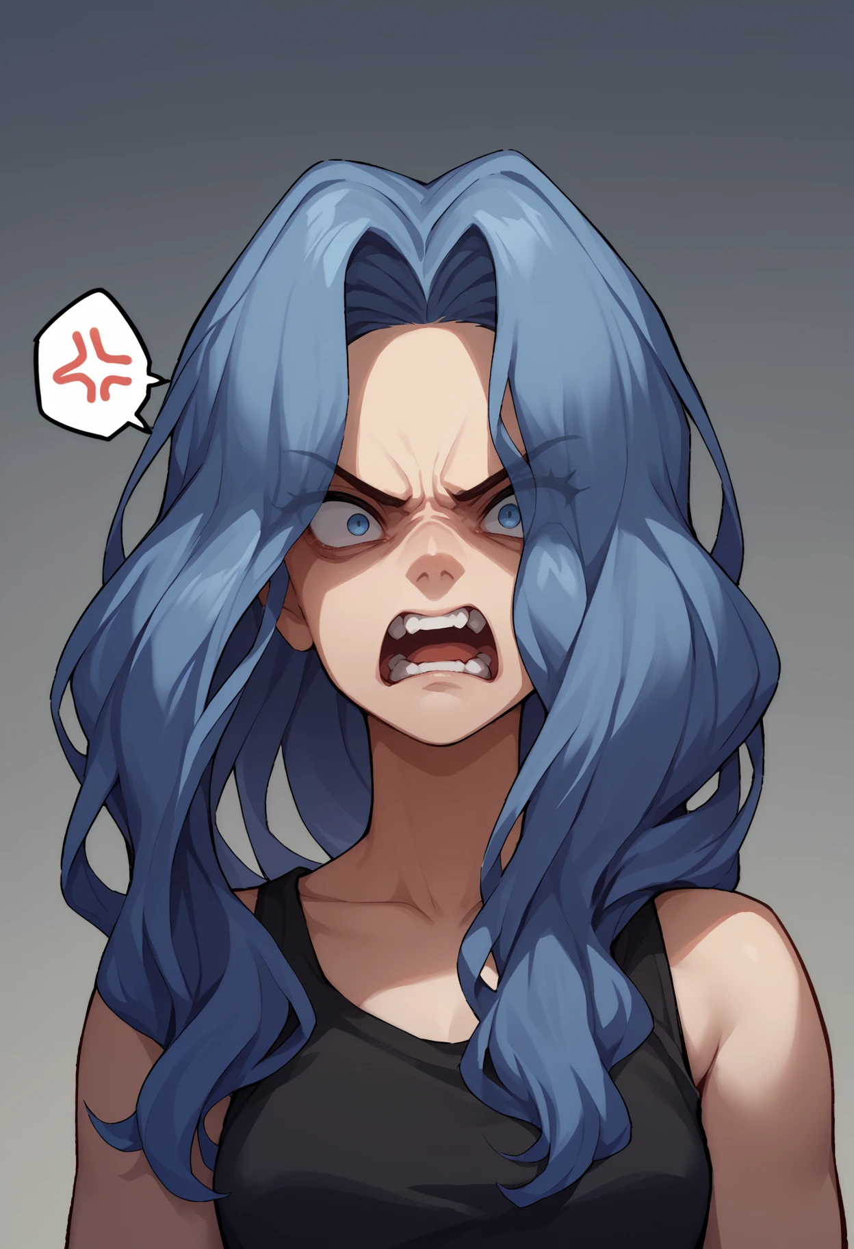 score_9, score_8_up,score_7_up, source_anime, 1girl, solo, <lora:Snq_pdxl_EliPot:1>, SQNA, long hair, blue hair, blue eyes, mature female,
 black tank top, portrait, shaded face, angry, screaming, anger vein, spoken anger vein,