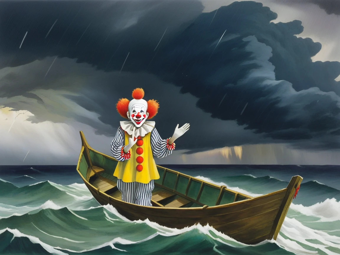 <lora:s34nXL:1> s34n, outdoors, traditional media, scenery, sea, clown, boat, storm