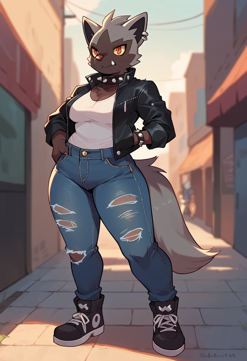 a cute male with wolf ears, white hair, a wolf tail, wearing a loose cropped oversized black hoodie, wearing a pair of denim short shorts and fishnet stockings, has black combat boots on, walking down the street, thick thighs, wide hips,