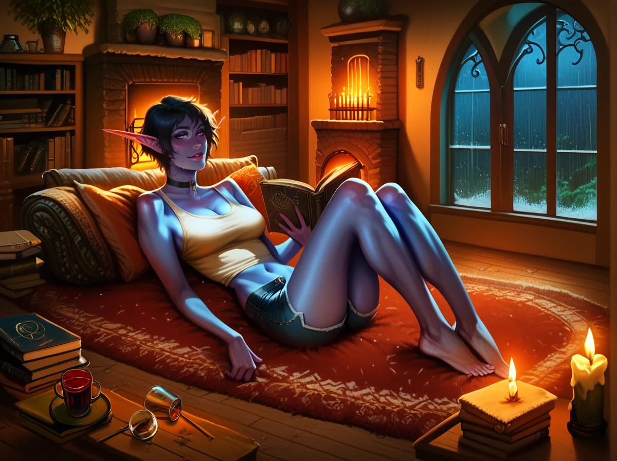 score_9, score_8_up, score_7_up,     realistic lighting, detailed background, rain, 
 <lora:Cozy_Fantasy:1>,
cozy fantasy, room interior, fireplace, round window, candles, night, bookshelves, wild plants, fur rug, wines, window center, moss, 
 <lora:Pony - Character - Zyrca:1> ,Zyrca, Blue skin, elf, purple eyes, short black hair, tank top, denim shorts, choker, laying on fur rug, relaxing,