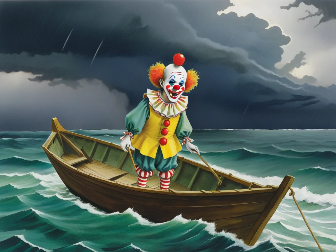 <lora:s34nXL:1> s34n, outdoors, traditional media, scenery, sea, clown, boat, storm