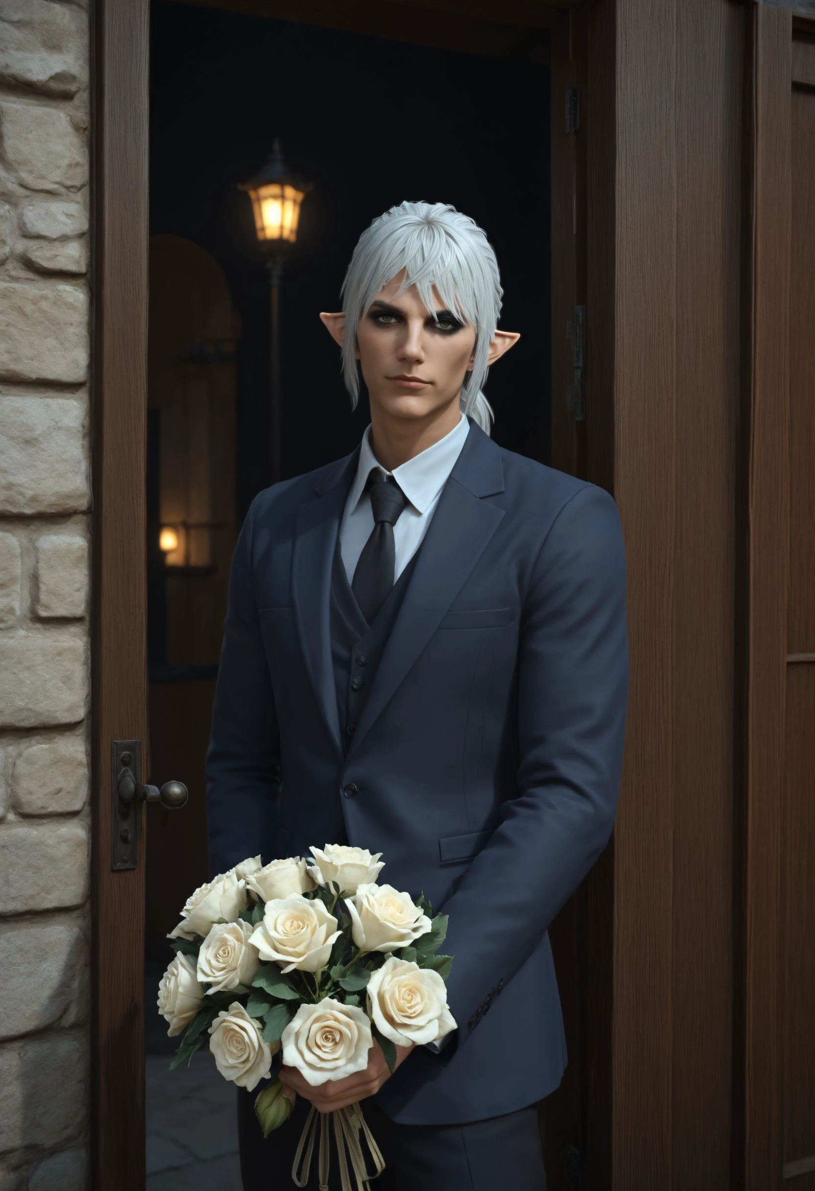 score_9, score_8_up, score_7_up,solo, <lora:Estinien_FFXIV:.8>,30 year old, 1boy, estinienffxiv, white hair, pointy ears, elezen, short hair, ponytail, dark-skinned, looking at you, at your front door, ((standing inside door frame)), picking you up for a date,,street lights, midnight, dark streets,  wearing a suit, looking out onto the street, holding bouquet of roses, (slight smile),  chiaroscuro, volumetric lighting, hyper resolution, crystal clear textures, perfect shadows, perfect lighting, best reflections,  Expressiveh ,  ((up close, zoomed in)), black eye makeup