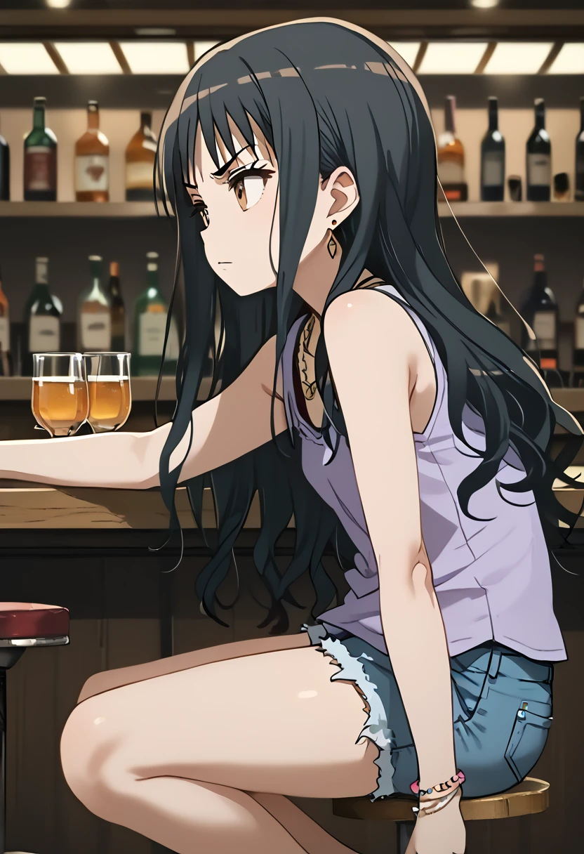 score_9,score_8_up,score_7_up,score_anime,portrait,from_side,close-up,
<lora:Yukiko Kanzaki v2>,
yukiko kanzaki,1girl,gyaru,brown eyes,black hair,brown hair,long hair,wavy hair,bangs,small breasts,purple sleeveless_shirt,cutoffs,barefoot_sandals,jewelry,earrings,necklace,serious,facing_away,looking_away,bar,