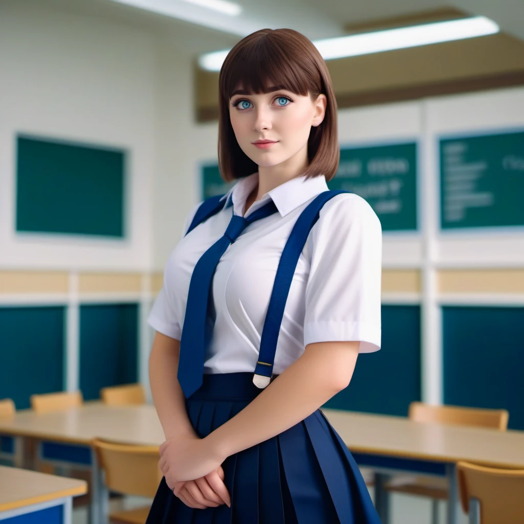 cinematic photo  full body portrait of a woman, large breast, short brown hair, blue eyes, school uniform, skirt, in a school<lora:Tawawa1024:0.7> . 35mm photograph, film, bokeh, professional, 4k, highly detailed