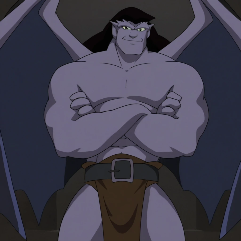 goliath, bara, tall muscular figure, arms crossed, slight smile, muscular pecs, six pack abs, muscular arms, loincloth, black hair, tail, loincloth, highly detailed face, highly detailed eyes, looking at viewer, high quality, open wings, in a bedroom