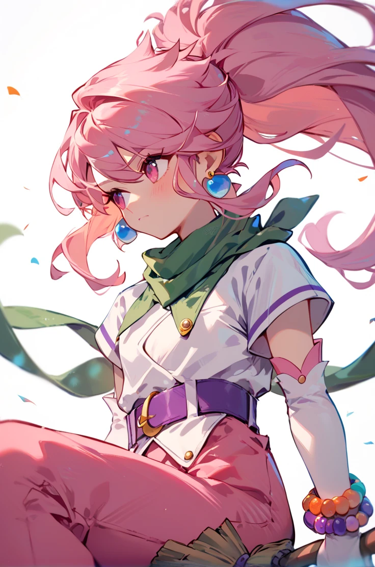 score_9, score_8_up, score_7_up, source_anime, 
simple background, blurry background,
cowboy shot, looking away, upper body, blush, pouting, 
<lora:arche_autismConfetti_v02:1>archebase, pink hair, wide ponytail, pink eyes,  long hair, earring,
white shirt, belt, pink pants, puffy pants, elbow gloves, purple belt, bracelet, green short scarf,  footwear,
broom riding,, zPDXL