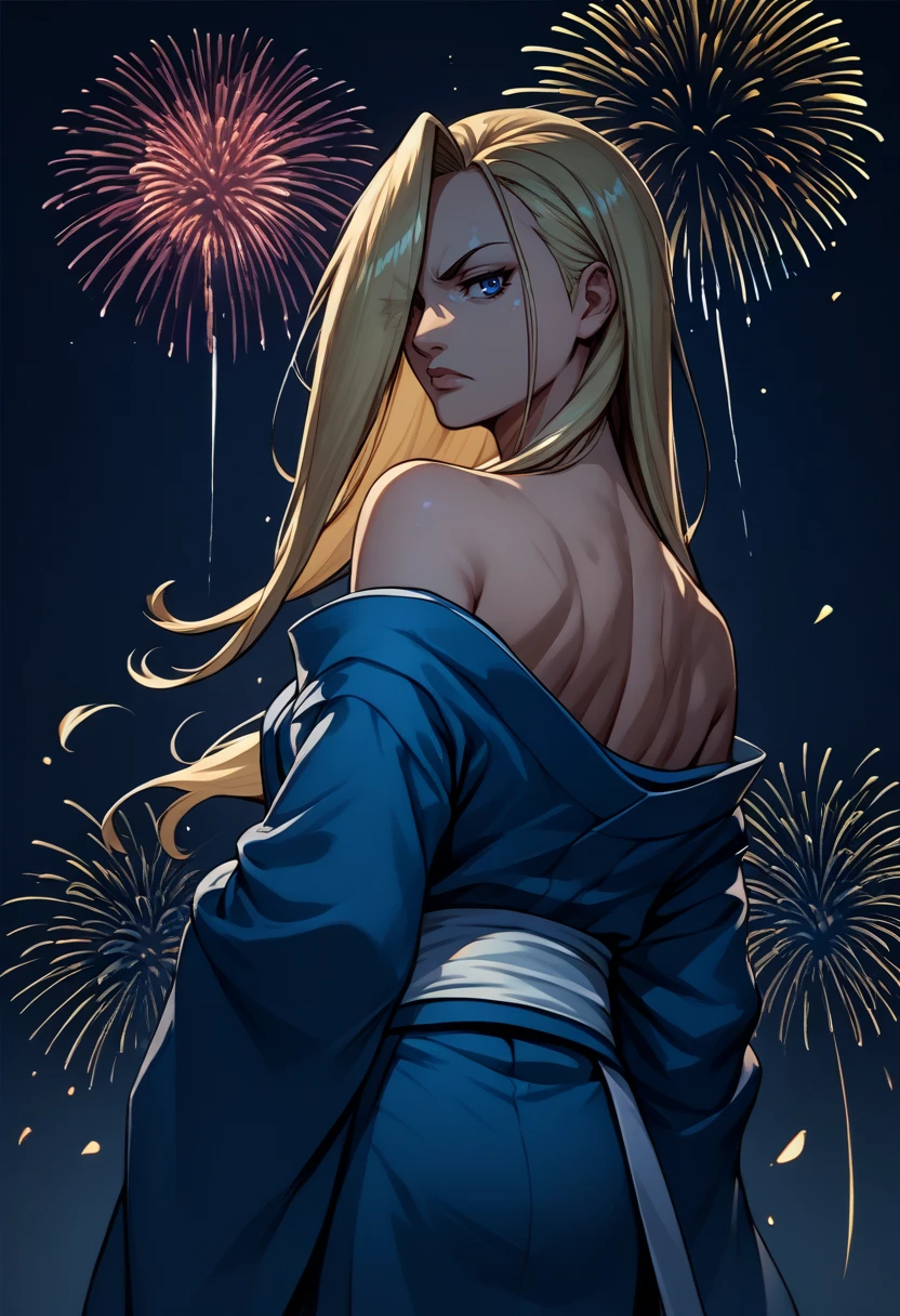 score_9, score_8_up, score_7_up, source_anime, from behind, solo, 1girl, olivier armstrong, expressionless, looking back, long hair, hair over one eye, japanese clothes, blue kimono, off shoulder, white sash, bare shoulders, fireworks <lora:fma_olivierarmstrong_ponyXL:1>