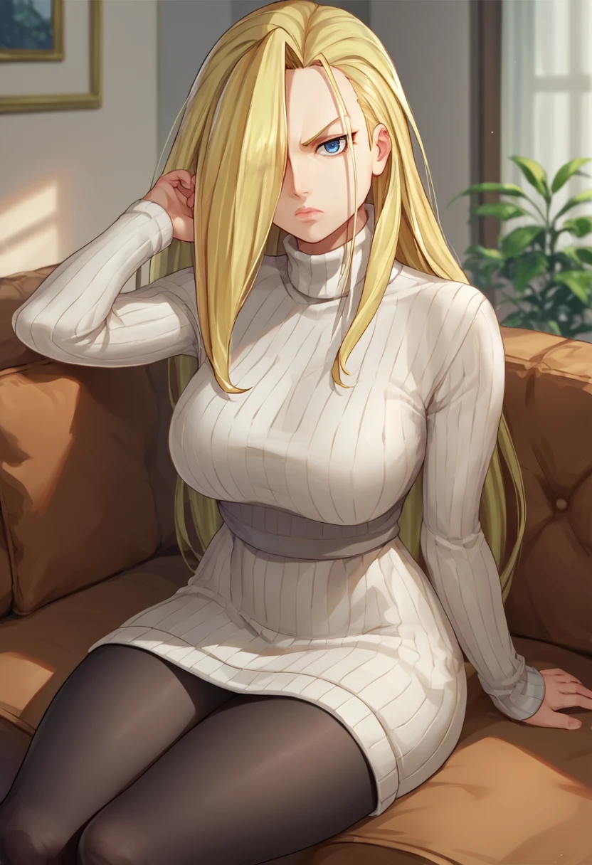 score_9, score_8_up, score_7_up, source_anime, solo, 1girl, olivier armstrong, closed mouth, looking at viewer, sitting, couch, hair over one eye, white sweater, sweater dress, ribbed sweater, turtleneck, black pantyhose, breasts, indoors, living room <lora:fma_olivierarmstrong_ponyXL:1>