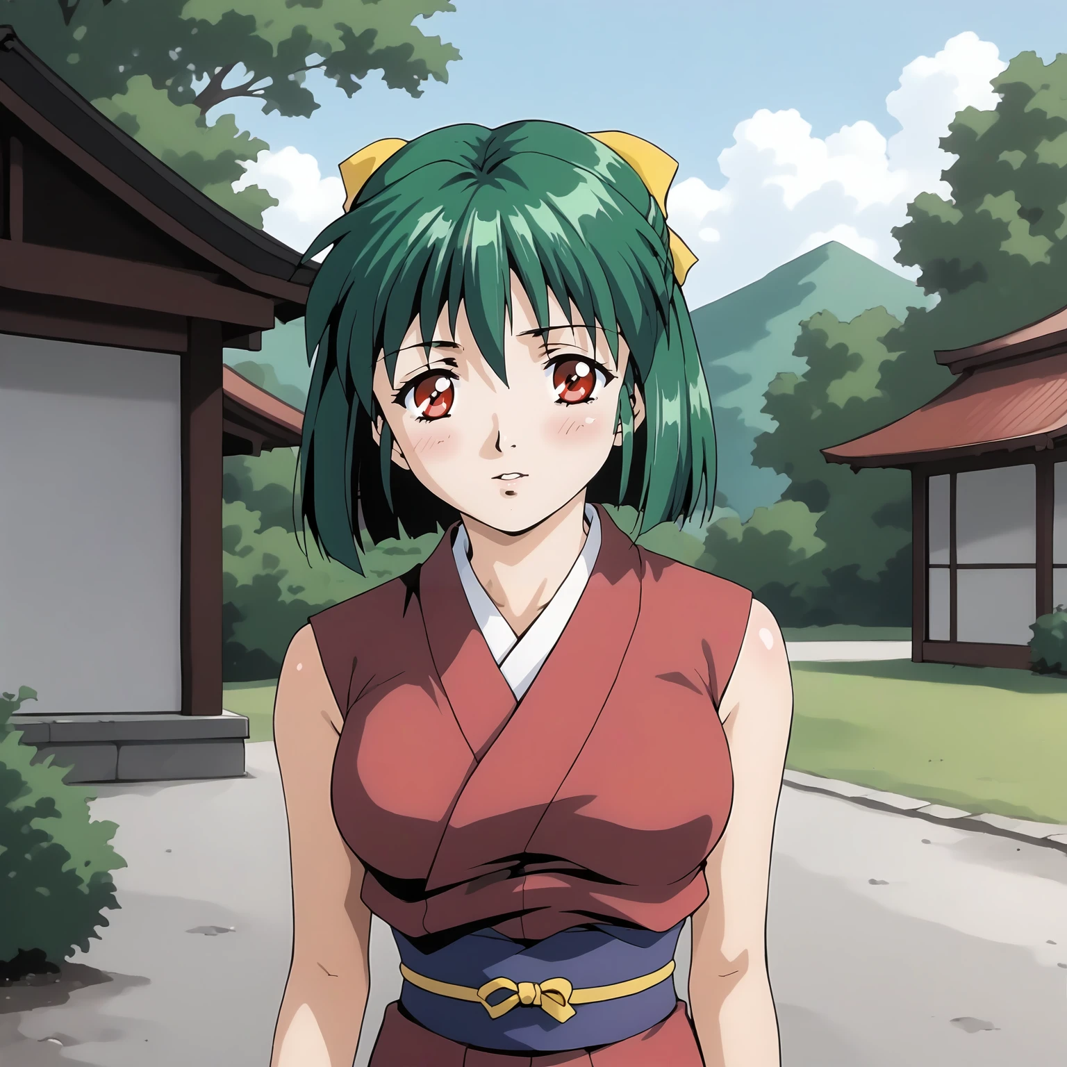 <lora:YakuXLpony003:0.9>,
looking at viewer,blush,parted lips,half-closed eyes,
solo,
Yaku,1girl,green hair,short hair,half updo,hair ribbon,red eyes,
short_kimono,sleeveless,
outdoors,