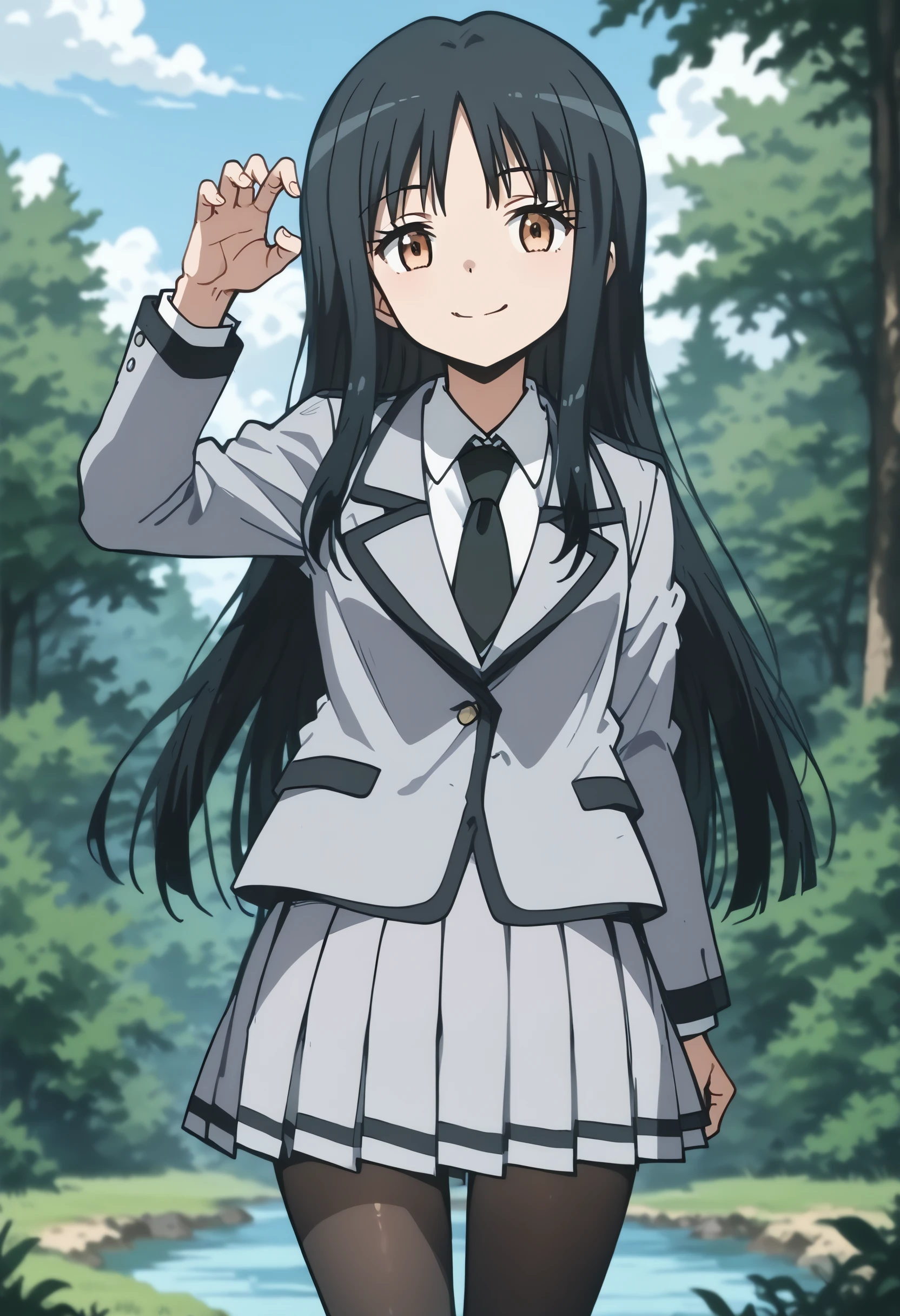 score_9,score_8_up,score_7_up,score_anime,
<lora:Yukiko Kanzaki v2>,yukiko kanzaki,1girl,solo,brown eyes,black hair,long hair,
standing,piece pose,smile,closed mouth,
school uniform,grey jacket,white shirt,black necktie,grey skirt,grey pleated_skirt,black legwear,scenery,depth_of_field,