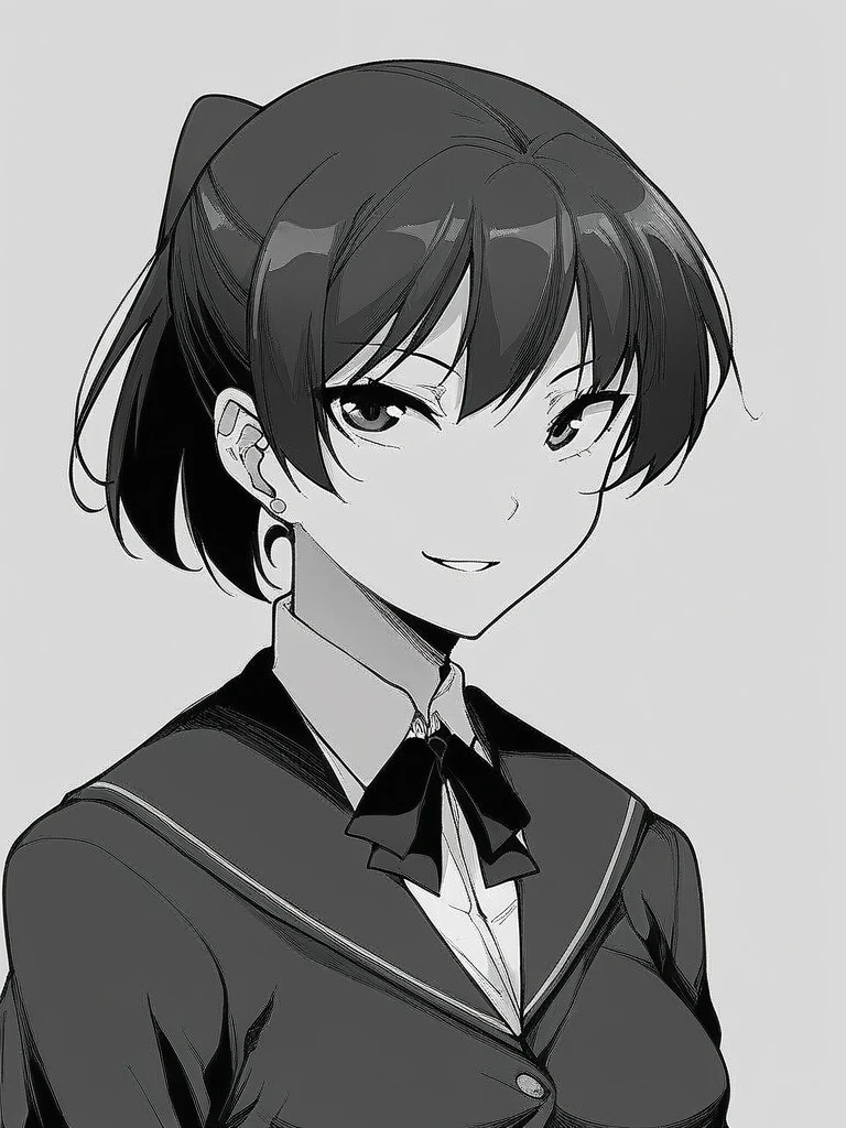 score_9, score_8_up, score_7_up, 
1girl, monochrome, tsukahara hibiki, black hair, ponytail, black eyes,
medium breasts,
smile, looking at viewer,

school uniform, black bowtie, blazer, black sailor collar, [Sakamata Nerimono]