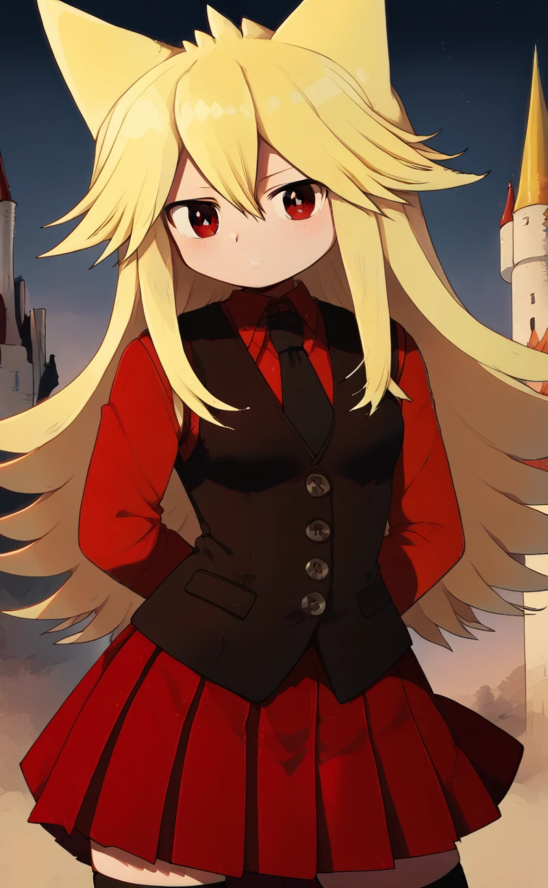 Moge-ko,Moge-ko from Mogeko castle,Moge-ko girl,<lora:Moge_v7:1>,long hair,blonde hair,red eyes,long black sleeves,animal ears,cowboy shot,pleated skirt,vest,red skirt,black necktie,long black stockings,detailed eyes,high -quality eyes,high quality eyes,