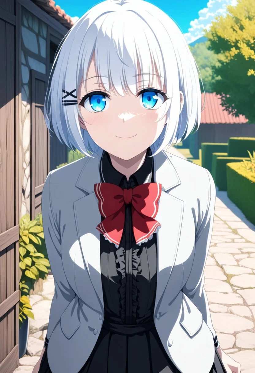 White hair, short hair, blue eyes, xhairclip hairclip, eye catching, siesta,
siesta, short hair, bangs, blue eyes, hair ornament, white hair, hairclip, smile,
BREAK dress, bow, bowtie, red bow, red bowtie, shirt, long sleeves, jacket, pantyhose, frills, shoes, grey jacket, open clothes, black shirt,
BREAK outdoors,
BREAK looking at viewer, dynamic pose, cowboy shot,
BREAK , (masterpiece:1.2), best quality, high resolution, unity 8k wallpaper, (illustration:0.8), (beautiful detailed eyes:1.6), extremely detailed face, perfect lighting, extremely detailed CG, (perfect hands, perfect anatomy),