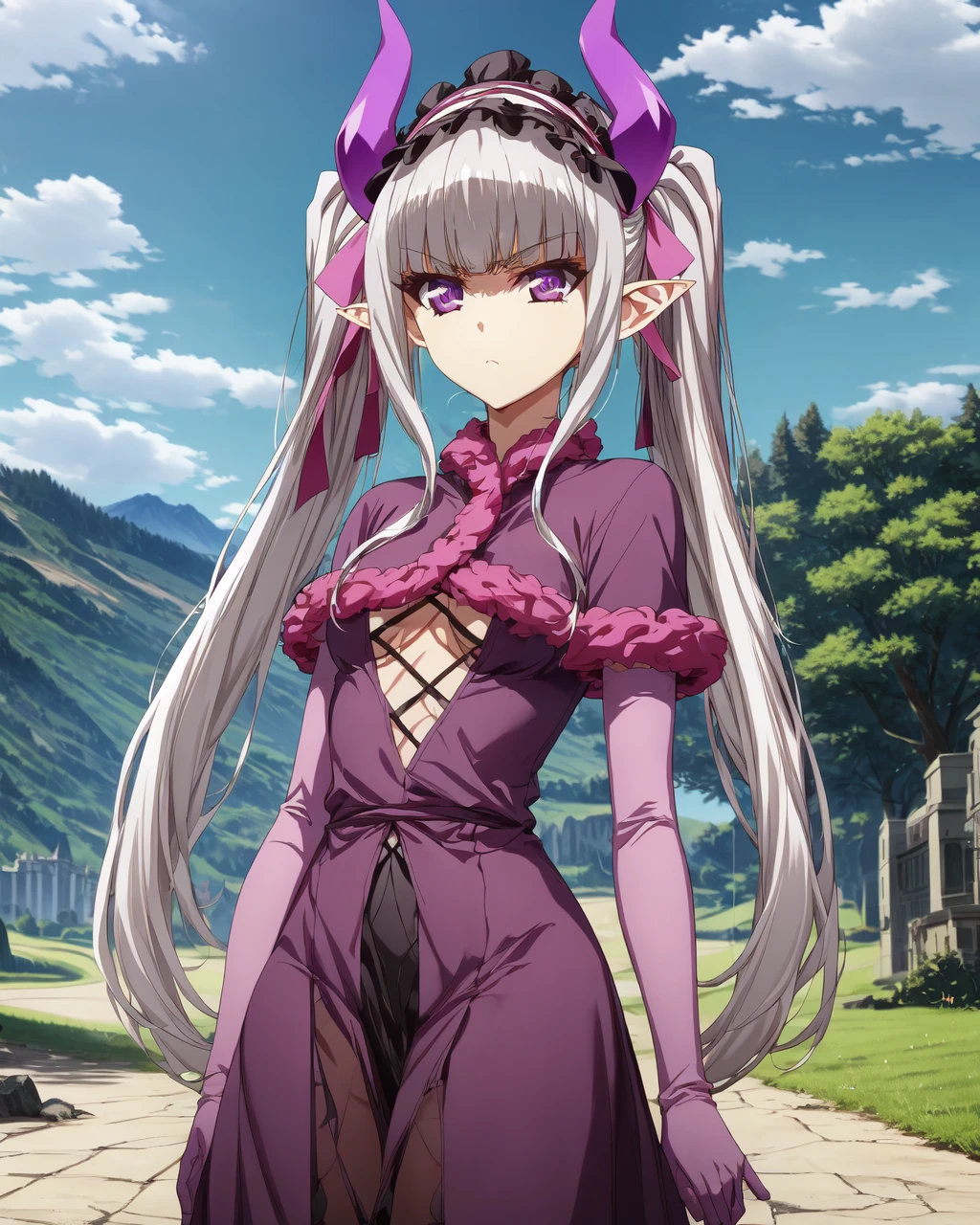 castle,sky,
shelia,1girl,solo,horns,small breasts,long hair,purple eyes,pointy ears,blunt bangs,demon girl,demon horns,grey hair,twintails,
gloves,hairband,long_dress,purple_gloves,ribbon,fur,lolita_hairband,demon_girl,
serious,<lora:Shelia>,<lora:add_detail:1>,