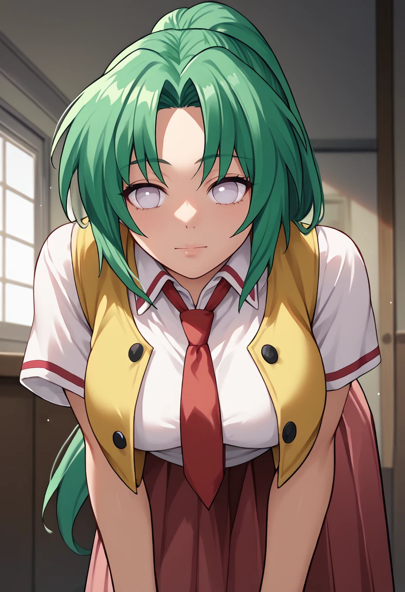 score_9,  score_7_up,  1girl, white eyes,   <lora:Byakugan 3-000009:1> <lora:MionCAME2:1> Mion Sonozaki,  ponytail, green hair, white shirt, red necktie, yellow vest, red skirt, looking at viewer, indoors, bent over, front view,