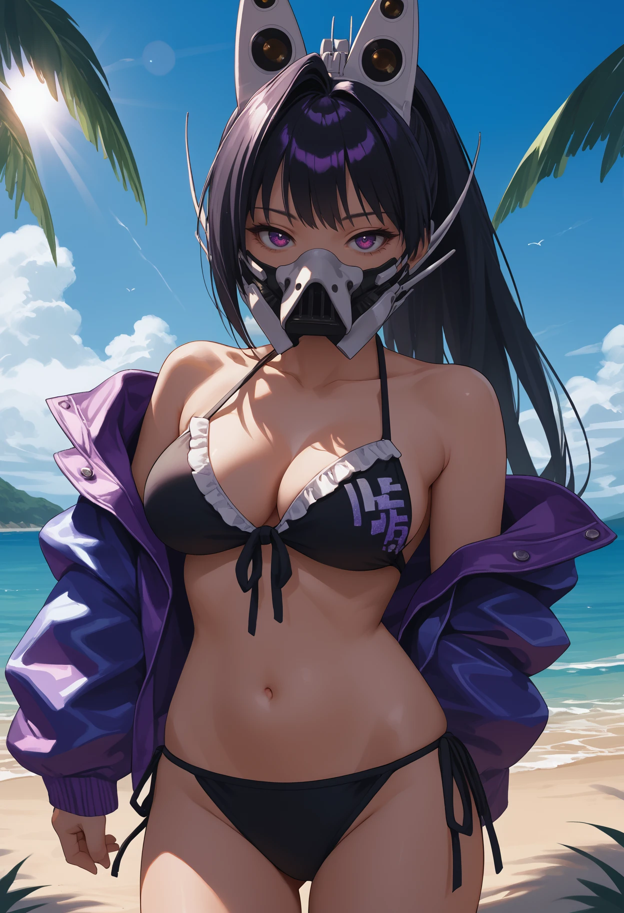 score_9, score_8_up, score_7_up, source_anime BREAK 1girl, solo, <lora:sin-nikke-richy-v1_pdxl:1> snnkk, purple eyes, black hair, ponytail, very long hair, bangs, mask, headgear, purple jacket, off shoulder, black bikini, side-tie bikini bottom, large breasts, front-tie bikini top, frilled bikini, navel, beach, looking at viewer, sunlight, blue sky