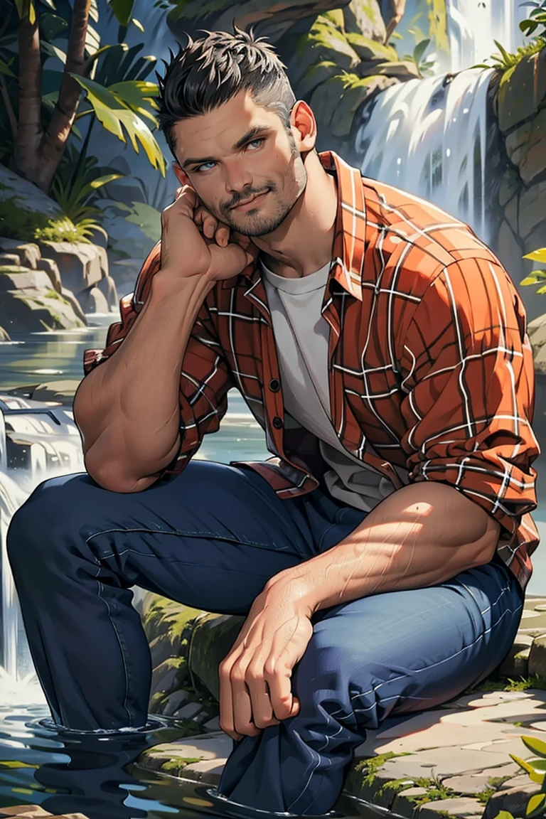 (masterpiece, best quality:1.2), man, smirk, (depth of field:1.1), , photo of person, plaid shirt, denin pants, stubble,sitting, waterfall, masterpiece, perfect face, perfect picture, detailed eyes, sharp focus, muscular<lora:EMS-386404-EMS:1.000000>