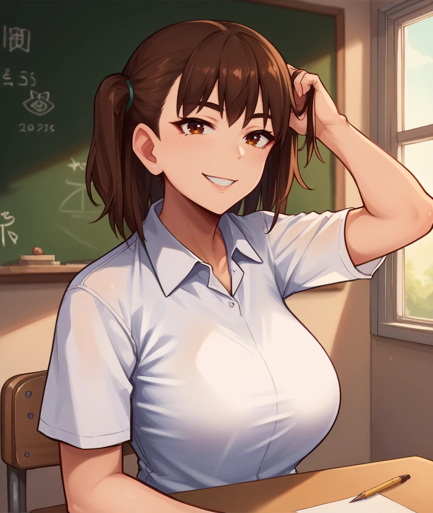 score_9,score_8_up,score_7_up,detailed background,classroom,bust portrait,
1girl,<lora:Shikki:0.8>,shikki,brown hair,brown eyes,large breasts,(twintails:0.8),medium hair,bangs,(thick eyebrows:0.5),smile,looking at viewer,white shirt,<lora:HershuarXL:0.8>,hershuar,