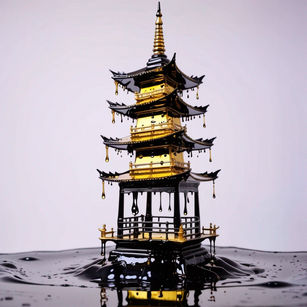 pagoda,china building made of crude oil,dripping,melting,liquid