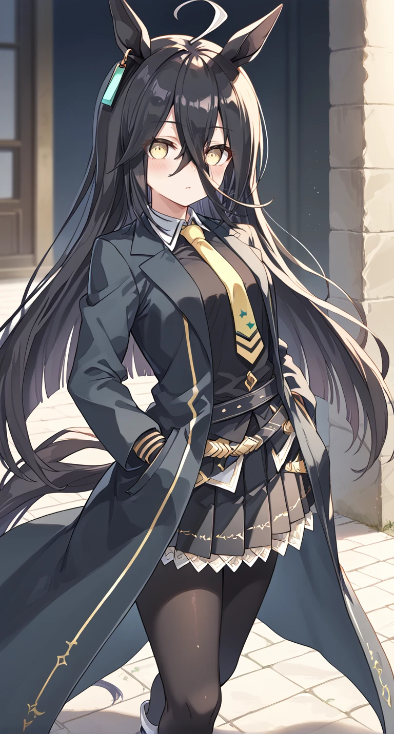 score_9,score_8_up,score_7_up,
official art,official style,game cg,megami magazine,
1girl,
mht race,manhattan cafe (umamusume),
ahoge,animal ears,black gloves,black hair,black jacket,black skirt,
collared shirt,earrings,gloves,hair between eyes,horse ears,horse girl,
jacket,jewelry,long hair,long sleeves,multicolored hair,necktie,shirt,
single earring,skirt,yellow eyes,black coat,black pantyhose,black shirt,
coat,highres,pantyhose,white footwear,yellow necktie,pleated skirt,horse tail,
tail,very long hair,blush,eyes visible through hair,long hair between eyes,eyebrows visible through hair,
standing,
<lora:umamusume_manhattan_cafe_pony_v1:1>,