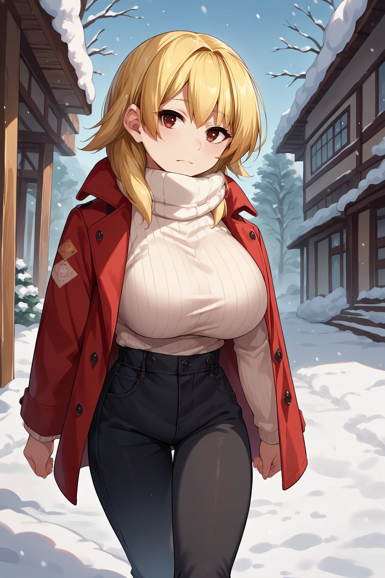 score_9, score_8_up,very aesthetic,uncensored,rating_explicit,rating_questionable, Ashley Graham,1girl, solo, long hair, breasts, looking at viewer, blush, smile, large breasts, red eyes, hat, navel, jewelry, swimsuit,  thighs, earrings, open clothes, coat, fur trim, black headwear, peaked cap, areola slip, slingshot swimsuit, red one-piece swimsuit