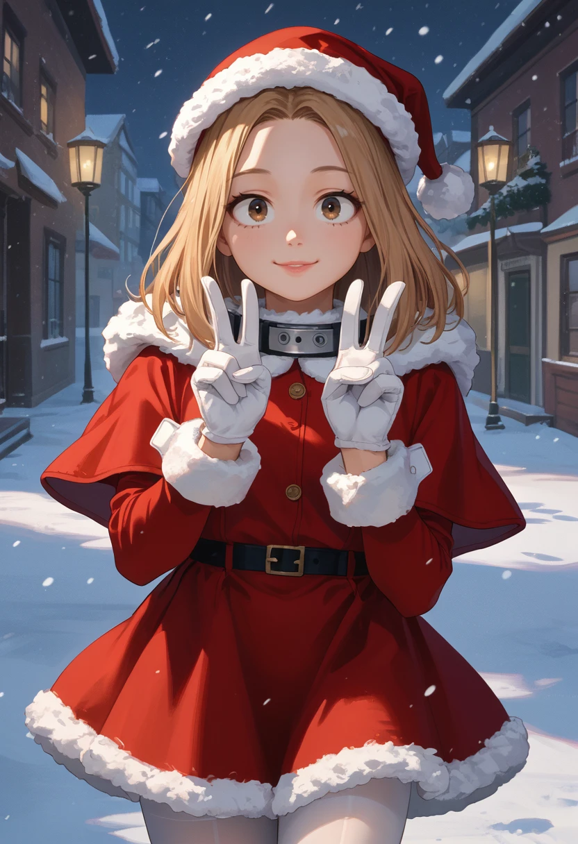 score_9, score_8_up, score_7_up, source_anime, solo, 1girl, utsushimi camie, smile, looking at viewer, double v, christmas, fur trim, red capelet, fur-trimmed capelet, red dress, fur-trimmed dress, long sleeves, white gloves, white pantyhose, snowing, outdoors <lora:mha_utsushimi_ponyXL:1>