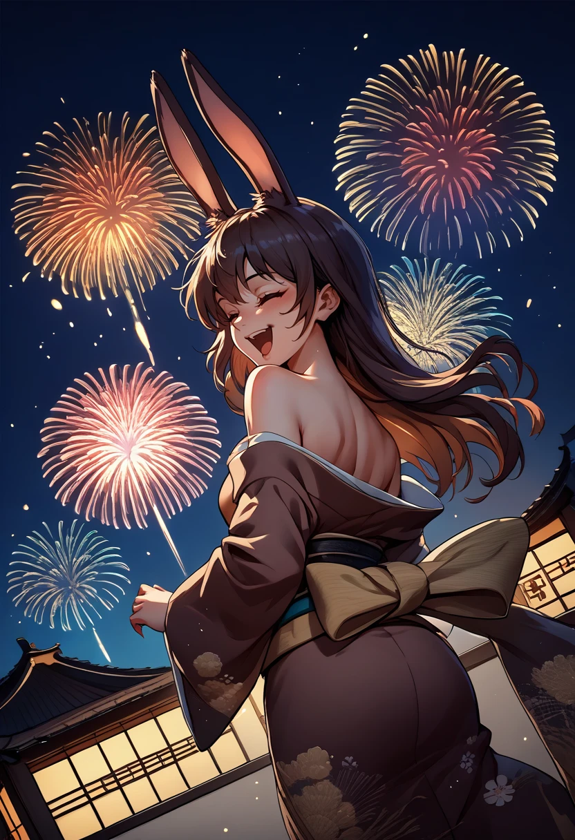 score_9, score_8_up, score_7_up, source_anime, from behind, solo, 1girl, velvetscarlatina, happy, open mouth, looking back, animal ears, closed eyes, japanese clothes, brown kimono, off shoulder, bare shoulders, fireworks <lora:rwby_velvetscarlatina_ponyXL:1>