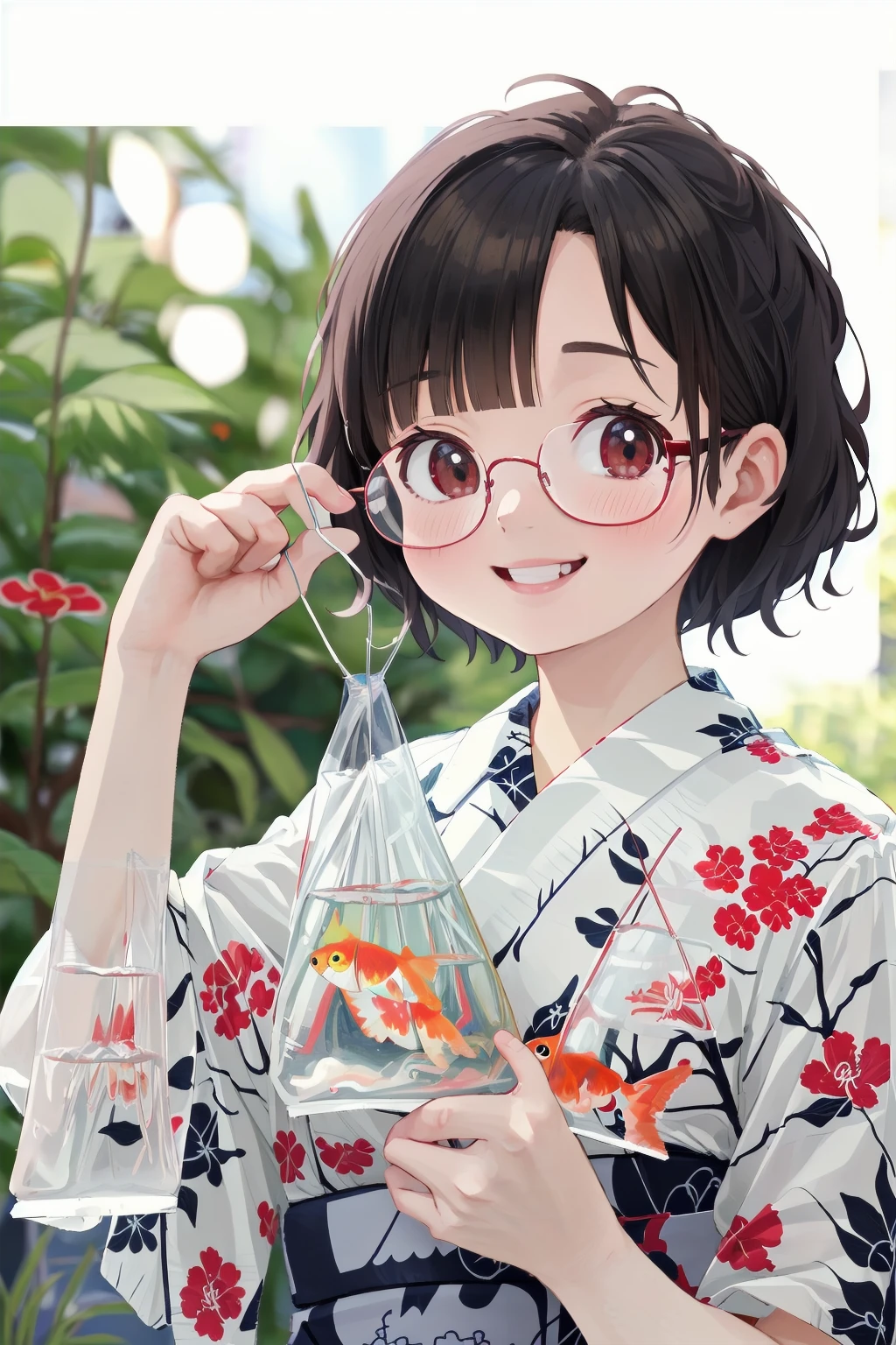 masterpiece, best quality, very aesthetic, absurdres,
(kingyofukuro, bagged fish:1.2), goldfish, smile, fish,
1girl, solo, glasses, smile, yukata, short hair, looking at viewer, black hair, blurry background, upper body, uchiwa, Water balloon, uchiwa, bangs,
<lora:kingyo_fukuuro_SD15_V1:0.8>