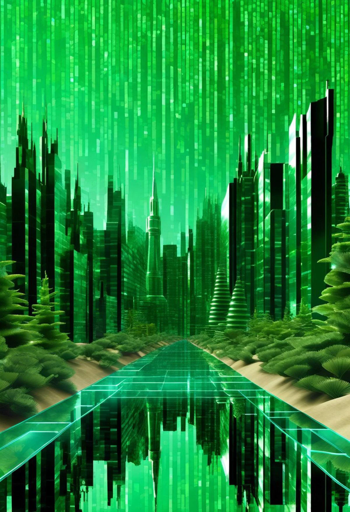 codeandigital,c0dean0igital,cyberw0rlds, outdoors, water, tree, no humans, building, scenery, reflection, science fiction, city, green theme, skyscraper