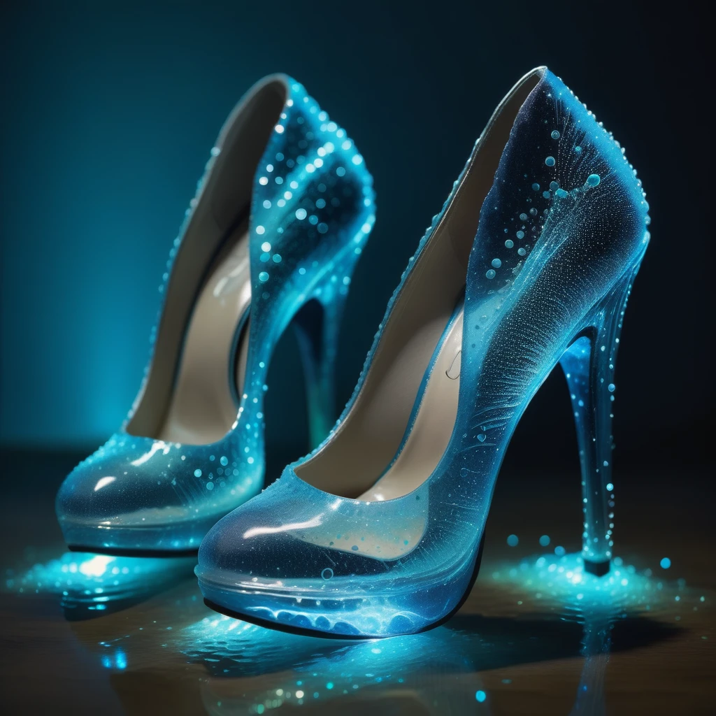 a pair of high heels made out of Jed-Bwtrspkl,  <lora:BioWaterSparkleStyle:1>