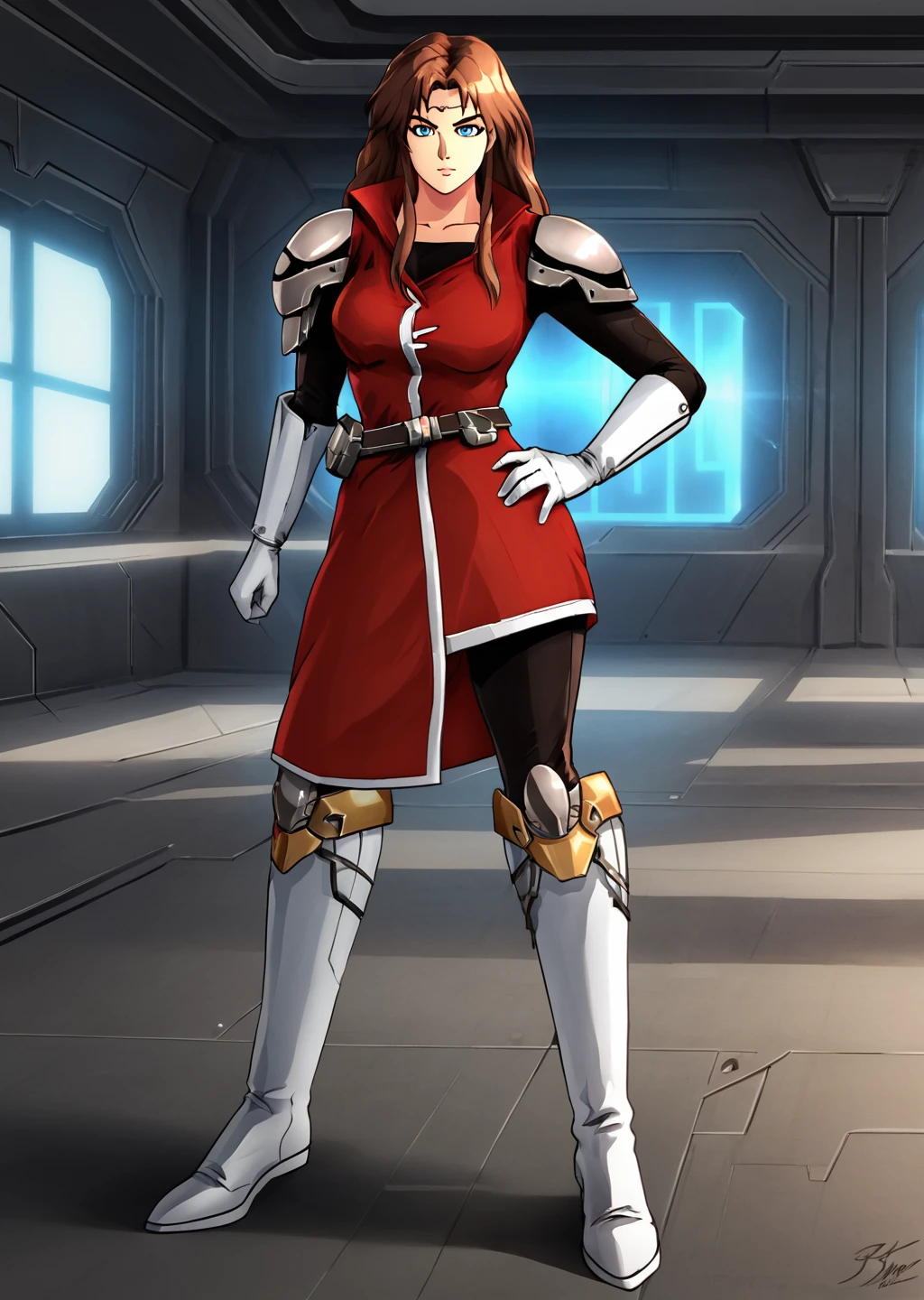 woman standing, Alys Brangwin, armor, dynamic shot, curvy, indoors, white boots, red sleeveless coat, white gloves, sci-fi, sci-fi background, solo, 1girl, brown hair, blue eyes, hand on hip, victorious, <lora:Alys_Brangwin-000007:1>