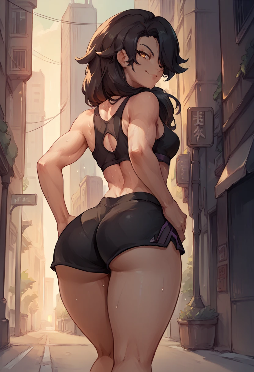 score_9, score_8_up, score_7_up, from behind, solo, 1girl, cindervale, sweat, smirk, looking back, hands on own hips, long hair, hair over one eye, black sports bra, black shorts, short shorts, ass, outdoors, city street <lora:rwby_cinderfall_ponyXL-VALE:1>