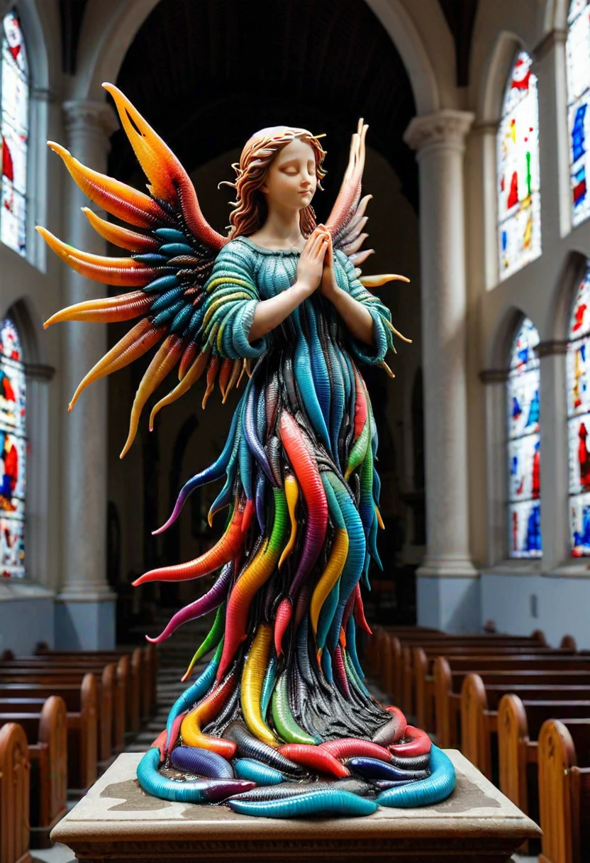 L33CH3S, a angel statue made of colorful leeches,  set in a church, ,Masterpiece,best quality, raw photo, realistic, very aesthetic