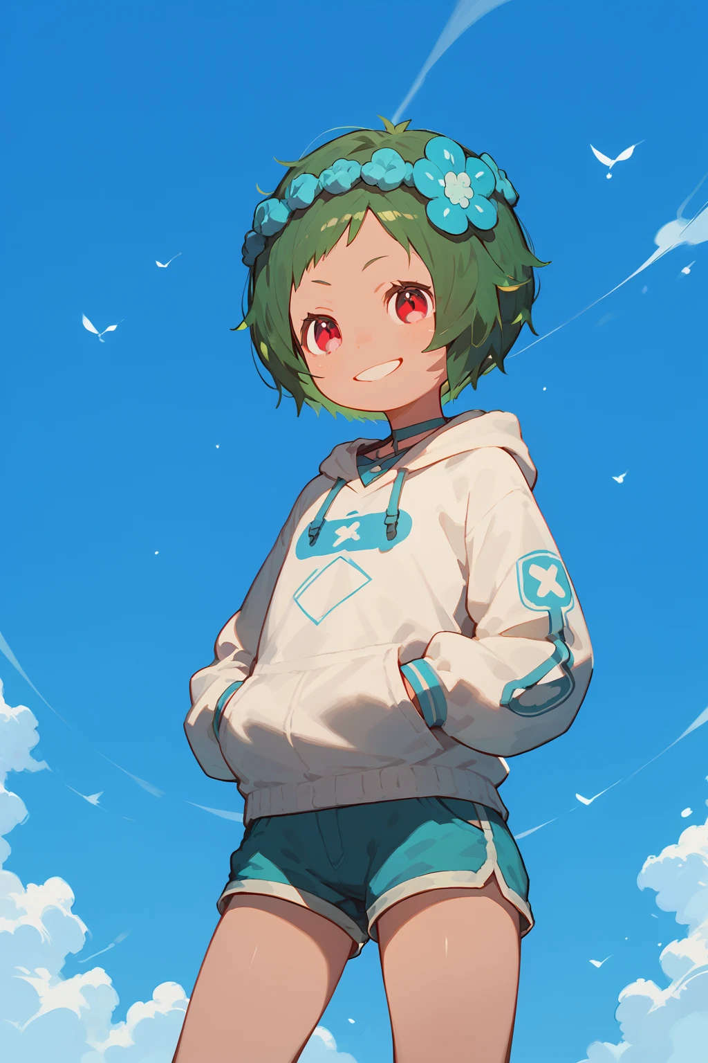 green hair, short hair, red eyes, typhon, smile, standing, jumper, shorts, blue sky <lora:Typhon_Rezero:1>, (score_9,score_8_up,score_7_up)