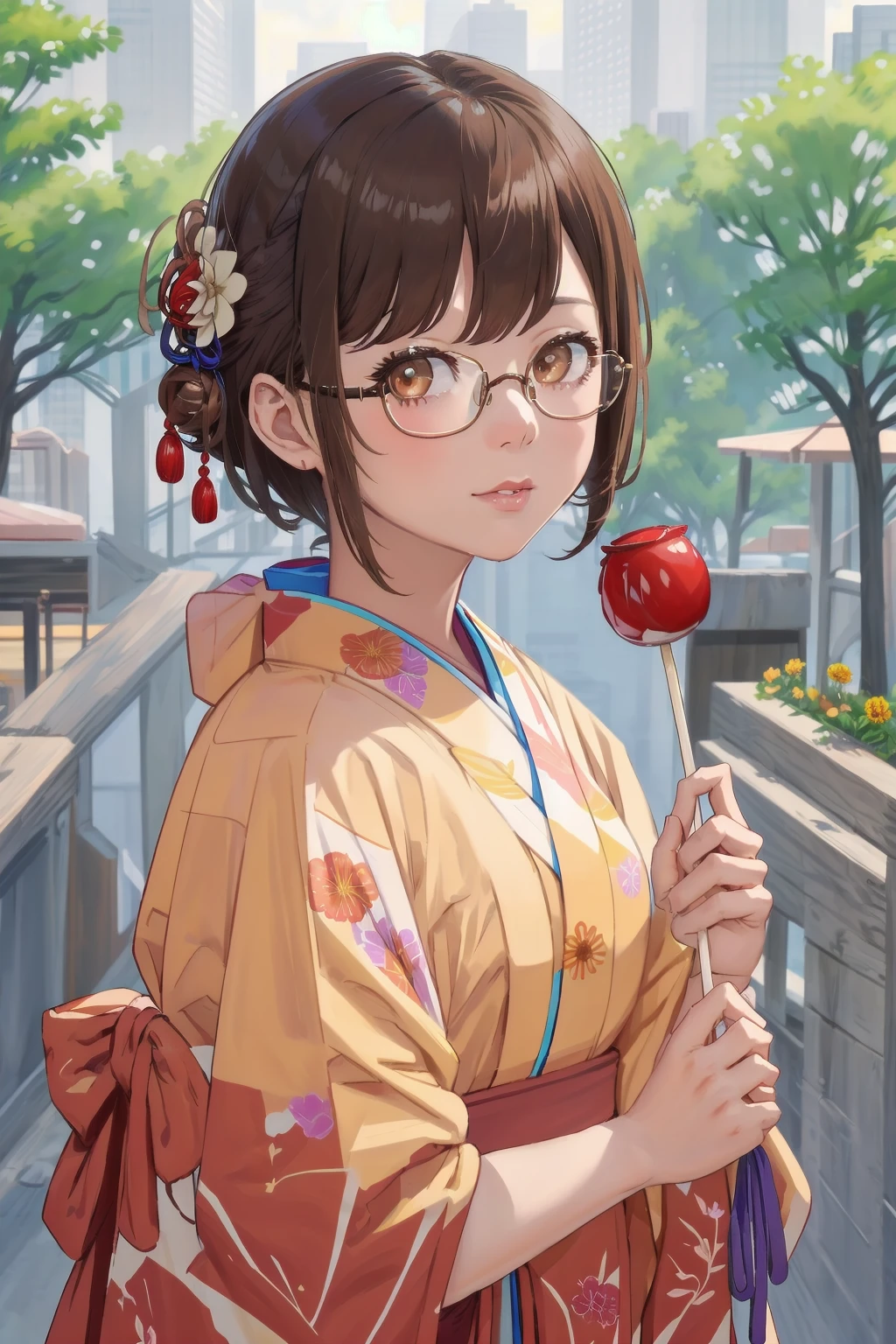 masterpiece, best quality, very aesthetic, absurdres, glasses,
ringoame, 1girl, food, brown hair,  japanese clothes, kimono, candy apple, hair ornament, looking at viewer, hair flower, brown eyes, flower, holding food, upper body, holding, short hair,  outdoors, bangs
<lora:ringoame_SD15_V1:0.8>